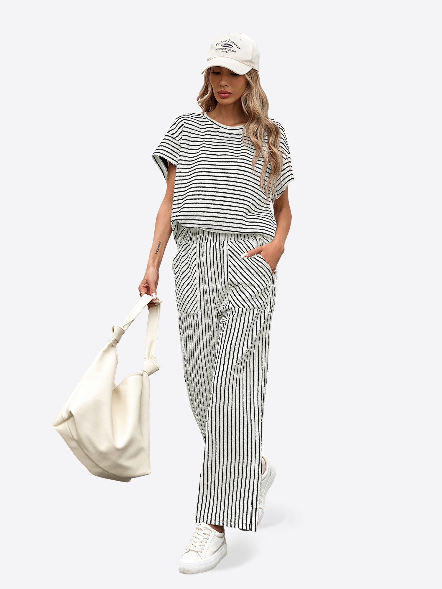 Imily Bela Hausanzug Damen 2-teiliges Set Gestreift Lounge Casual (Set, 2 tlg., 2er-Pack, Kurzarm T-Shirt+Hose mit Eingrifftaschen) Rundhals Fledermausärmel