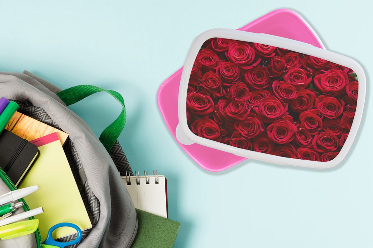 Kunststoff, Brotdose Brotbox Kunststoff Snackbox, Rosenblütenblätter Rot, für - Erwachsene, - Kinder, Rosen Lunchbox MuchoWow (2-tlg), rosa Mädchen,