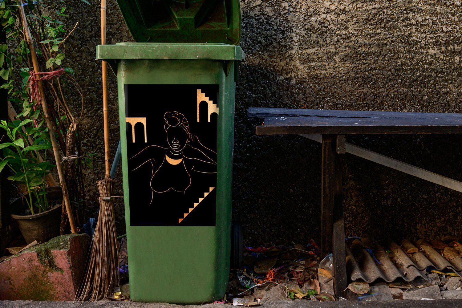 - Mülltonne, Frau Sticker, MuchoWow Wandsticker - Strichzeichnung Container, Gold Mülleimer-aufkleber, (1 Abfalbehälter St),