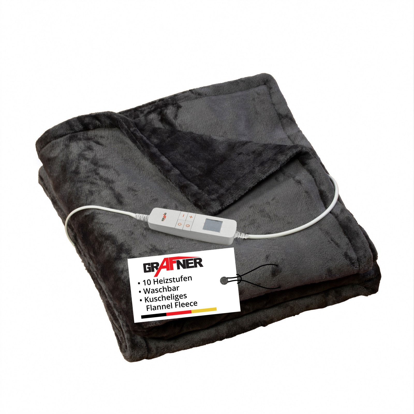Grafner Heizdecke Grafner® Wärmedecke Flannel Fleece 200 x 180 cm Grau, mit 10 Temperaturstufen Kuscheldecke Bett, Sofa von Grafner