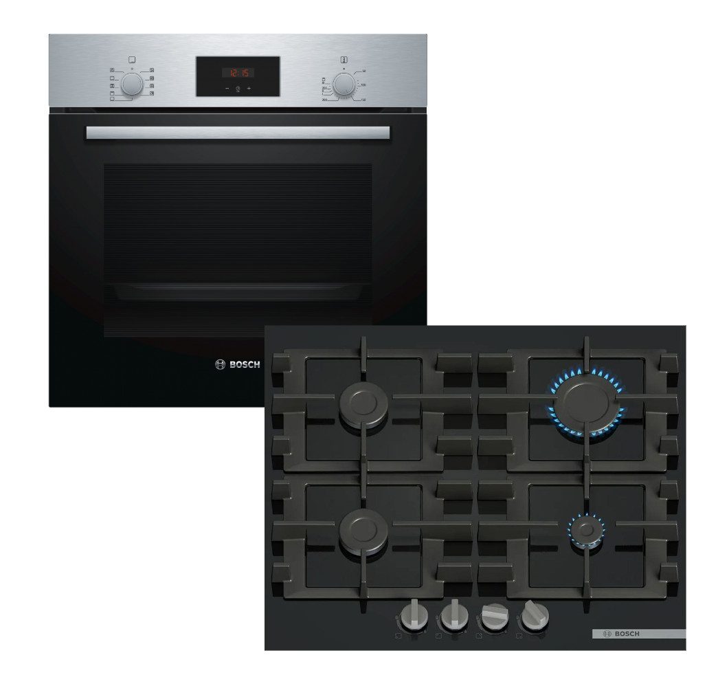 BOSCH Backofen-Set Teleskopauszug 3D Heißluft + Gaskochfeld 60cm Zündsicherung GasStopp