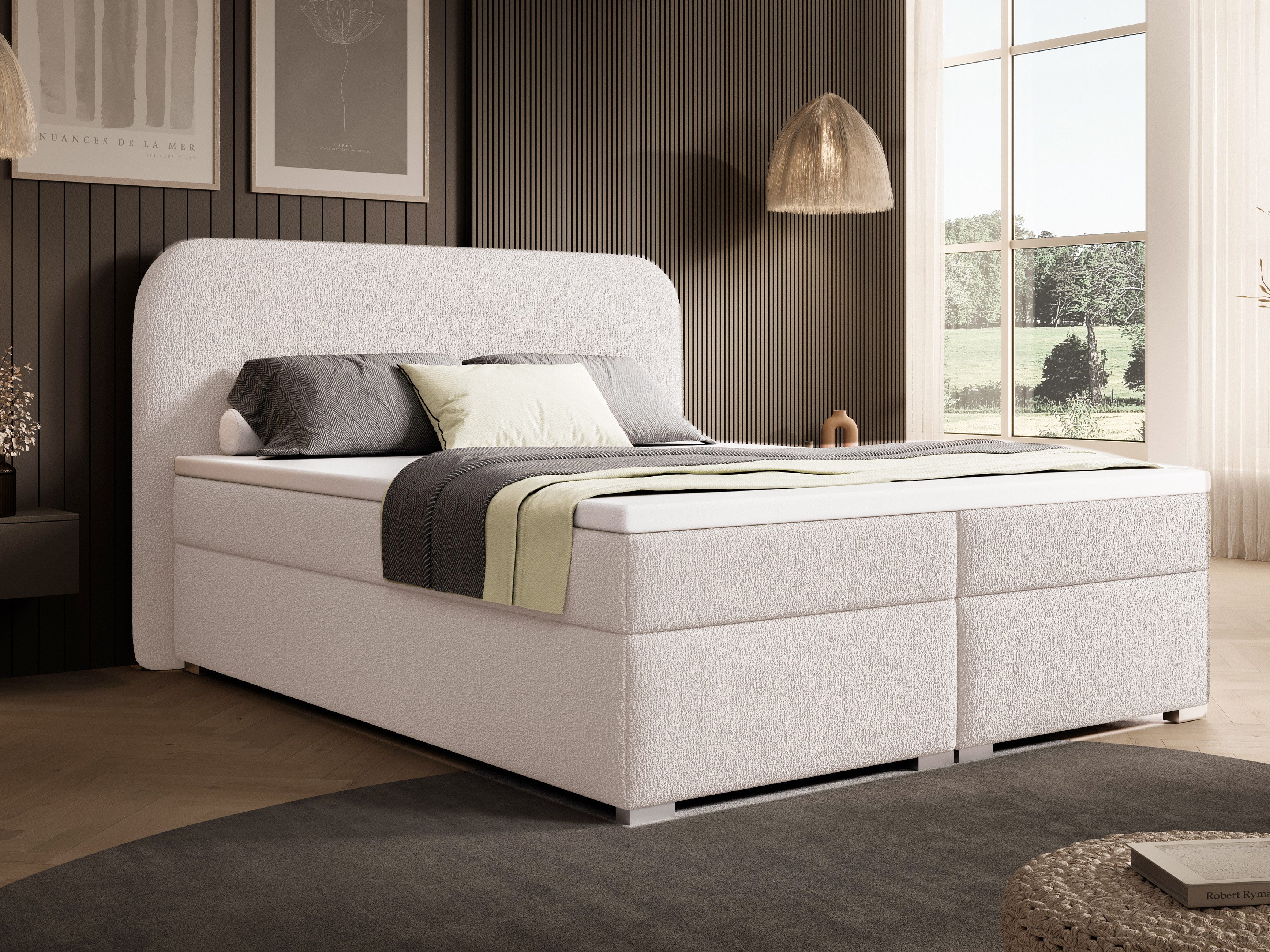 Compleo Boxspringbett mit Bonellfederkern, Modernes Bett mit abgerundetes Kopfteil DESIGNO