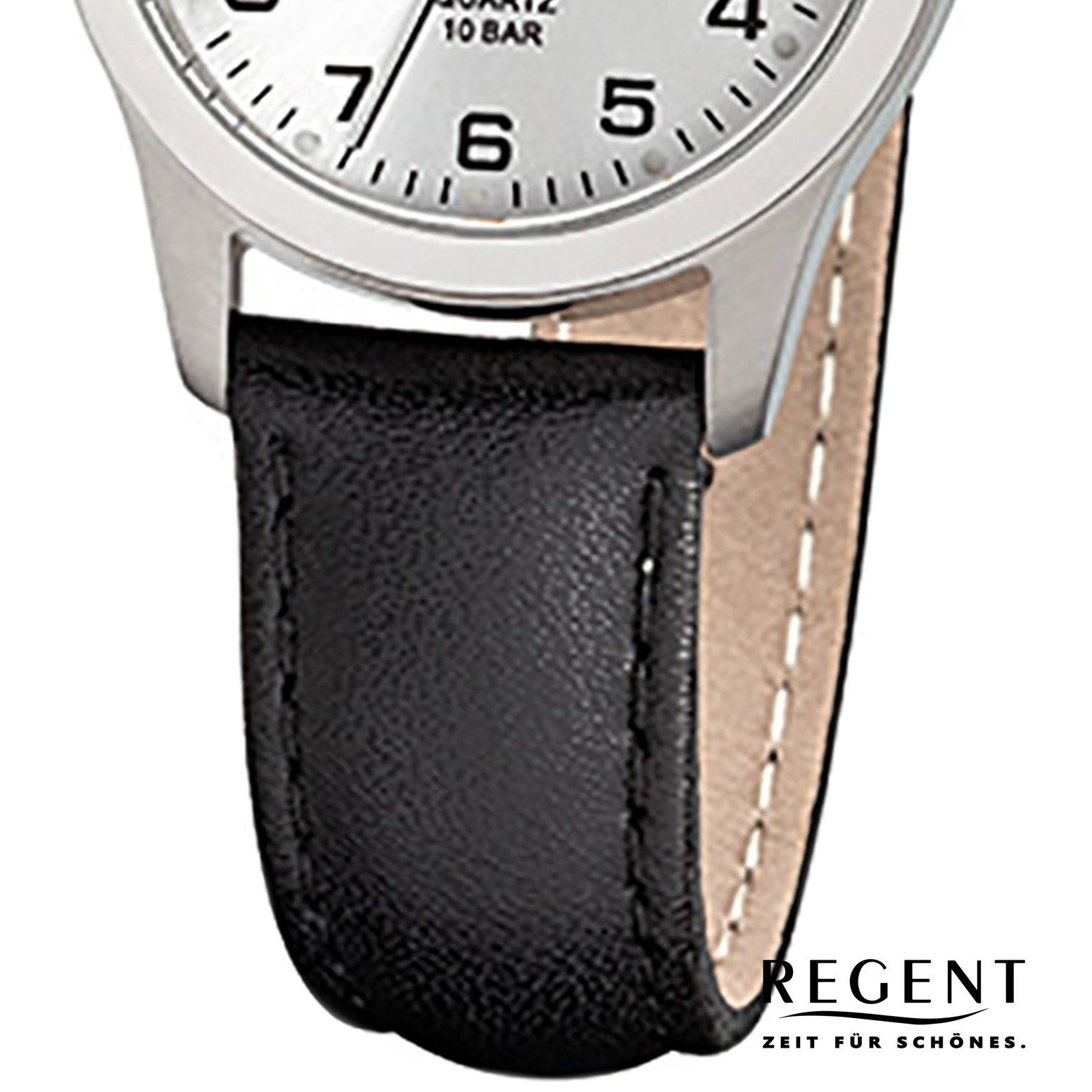Damen Armbanduhr Regent Damen-Armbanduhr rund, (ca. Analog, schwarz 28mm), Lederarmband Regent klein Quarzuhr
