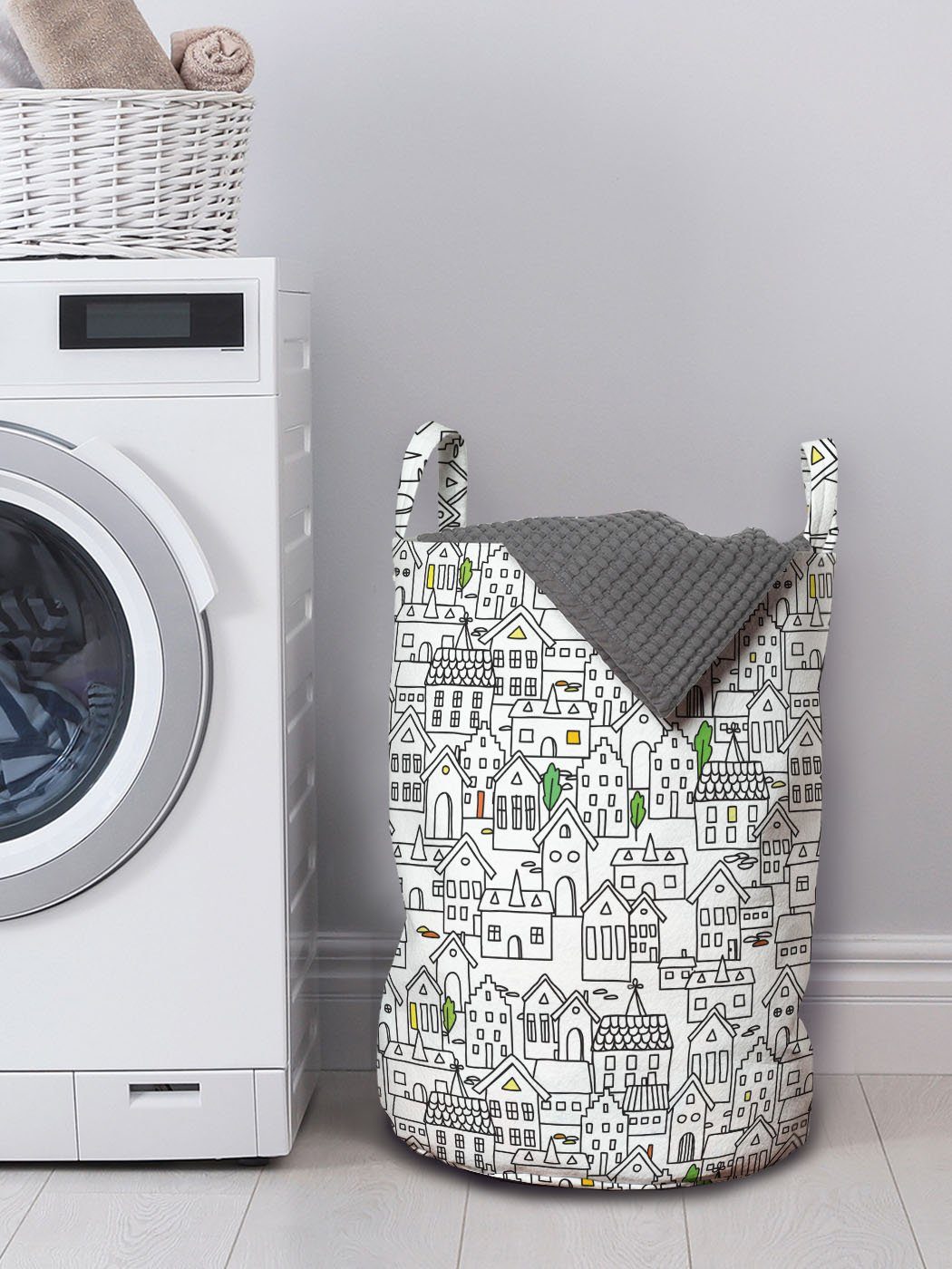 Abakuhaus Wäschesäckchen Wäschekorb mit Griffen für Häuser Handgezeichnet Inspired Waschsalons, Kordelzugverschluss Land