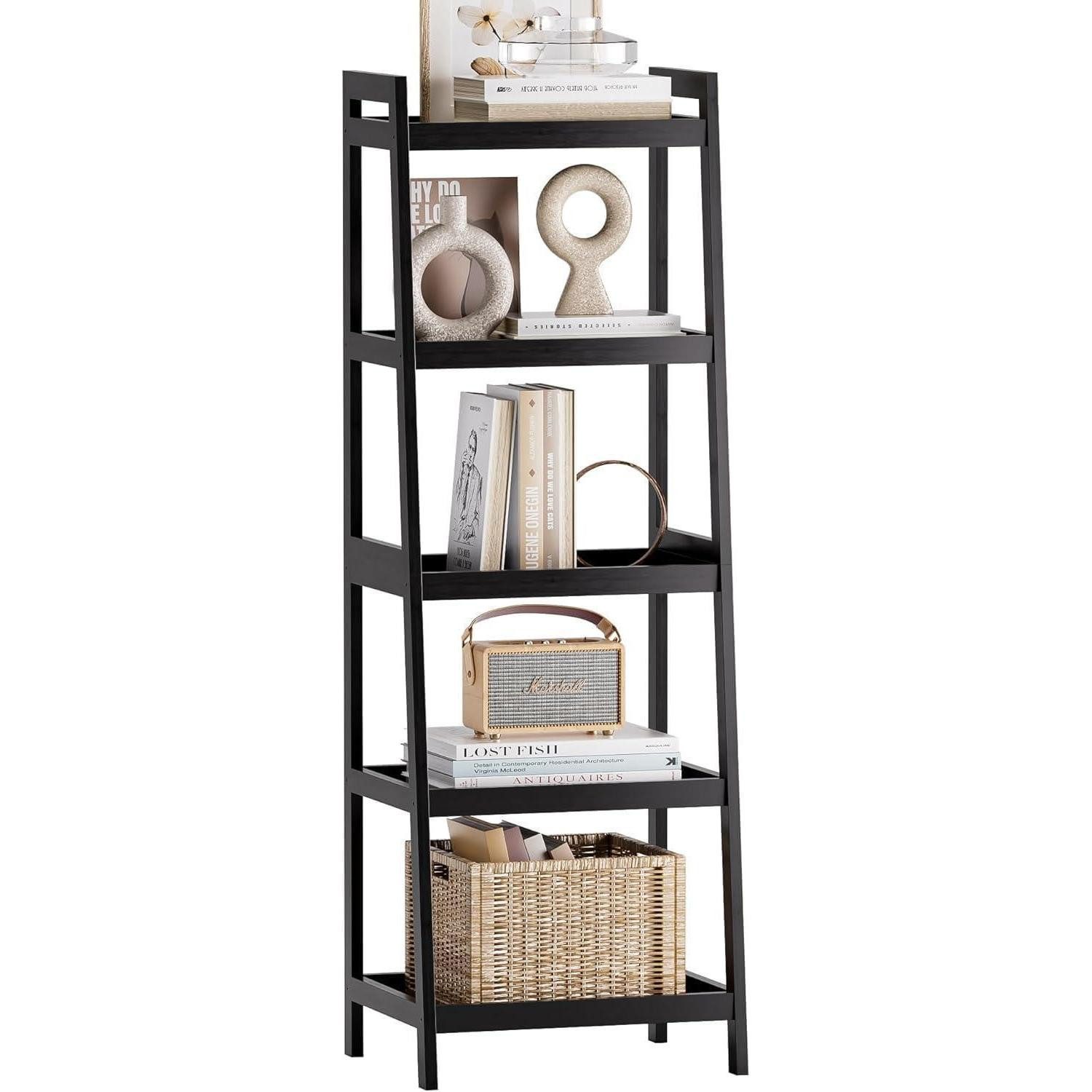 LuxusKollektion Leiterregal Bücherregal Bambusleiter Schwarz 5 Ablagen (127cm H)