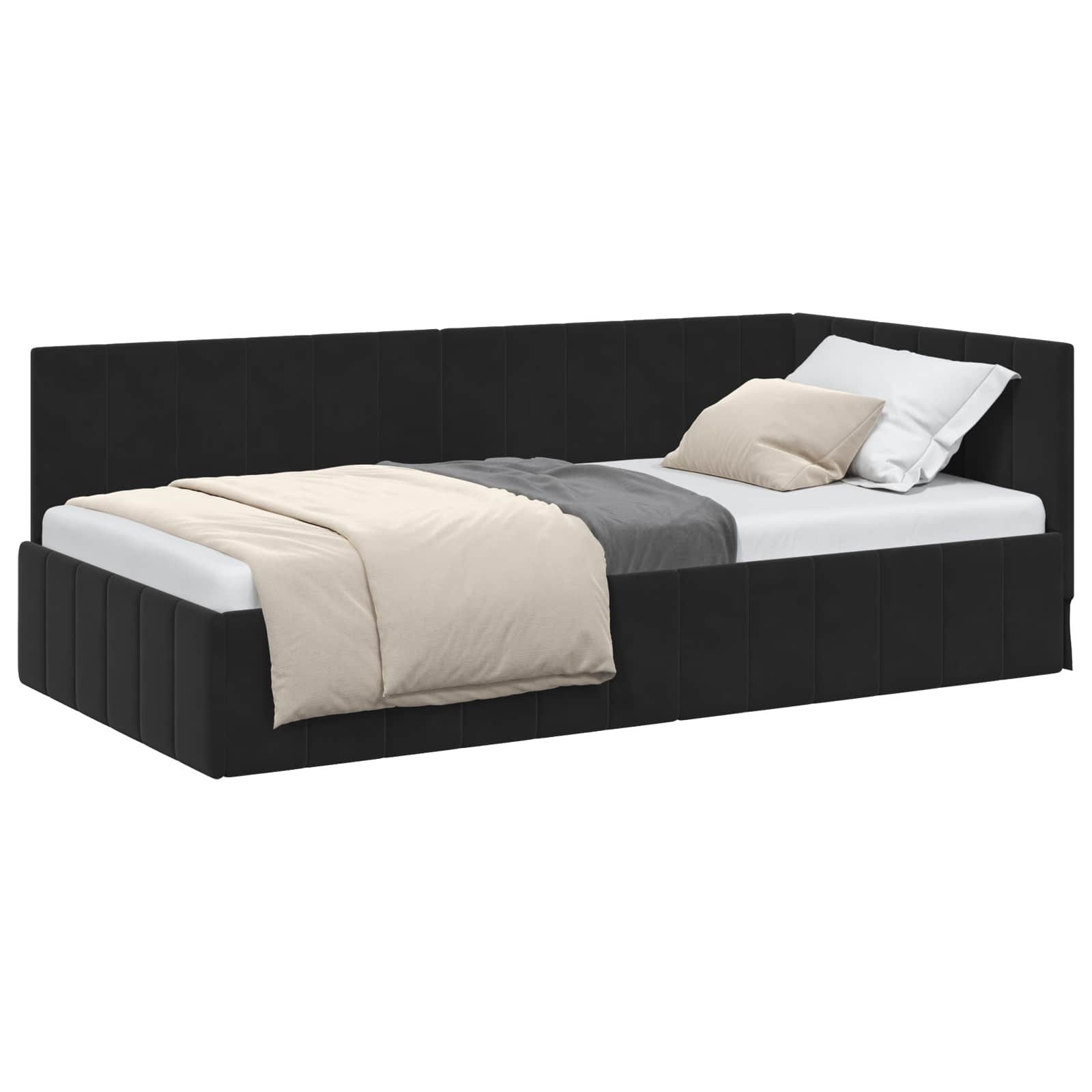 Bett Eckbettgestell mit Kopfteil Schwarz 100 cm x 200 cm Samt
