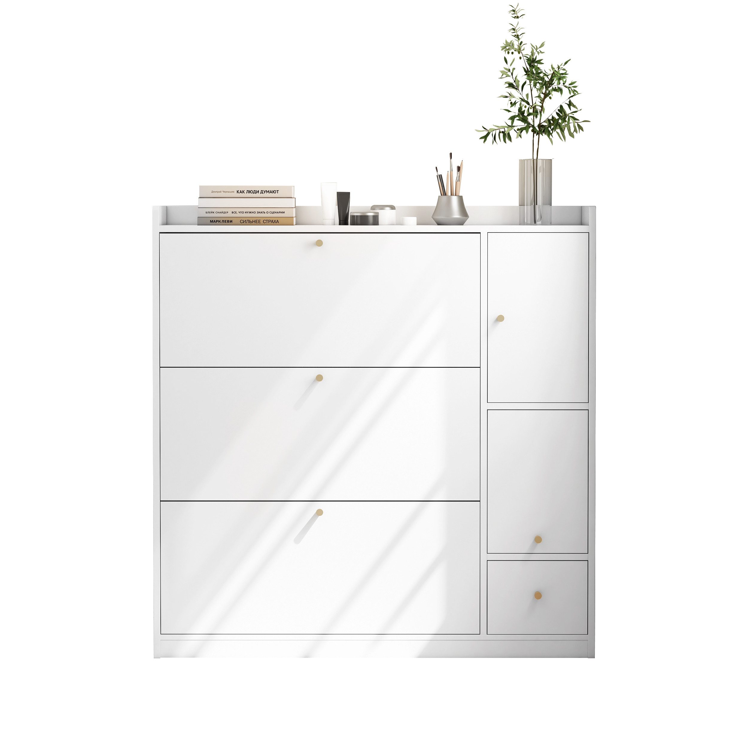 Merax Schuhschrank Schuhkommode mit 3 Klappschubladen, Freistehendes Schmal Schuhregal (1-St., Schuhkipper, mit herunterklappbarer Sitzbank) für den Flur – Bild 4 von 5