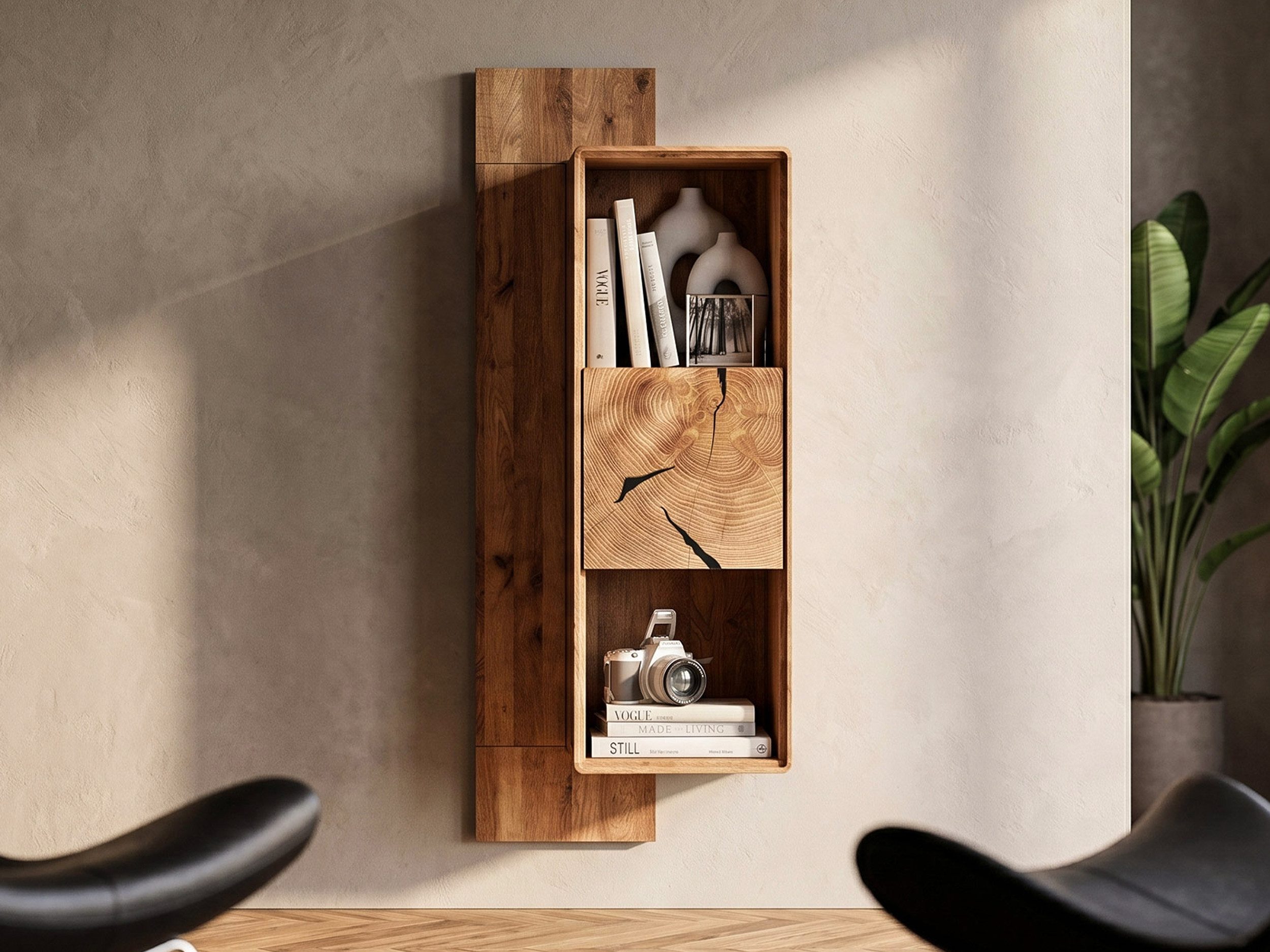 Massivart® Wandboard 104 cm Breite Massivholz Wildeiche geölt Hirnholz »TORVEN«, Stauraum · 2 offene Fächer · 1 Drehtür · Soft-Close-Funktion