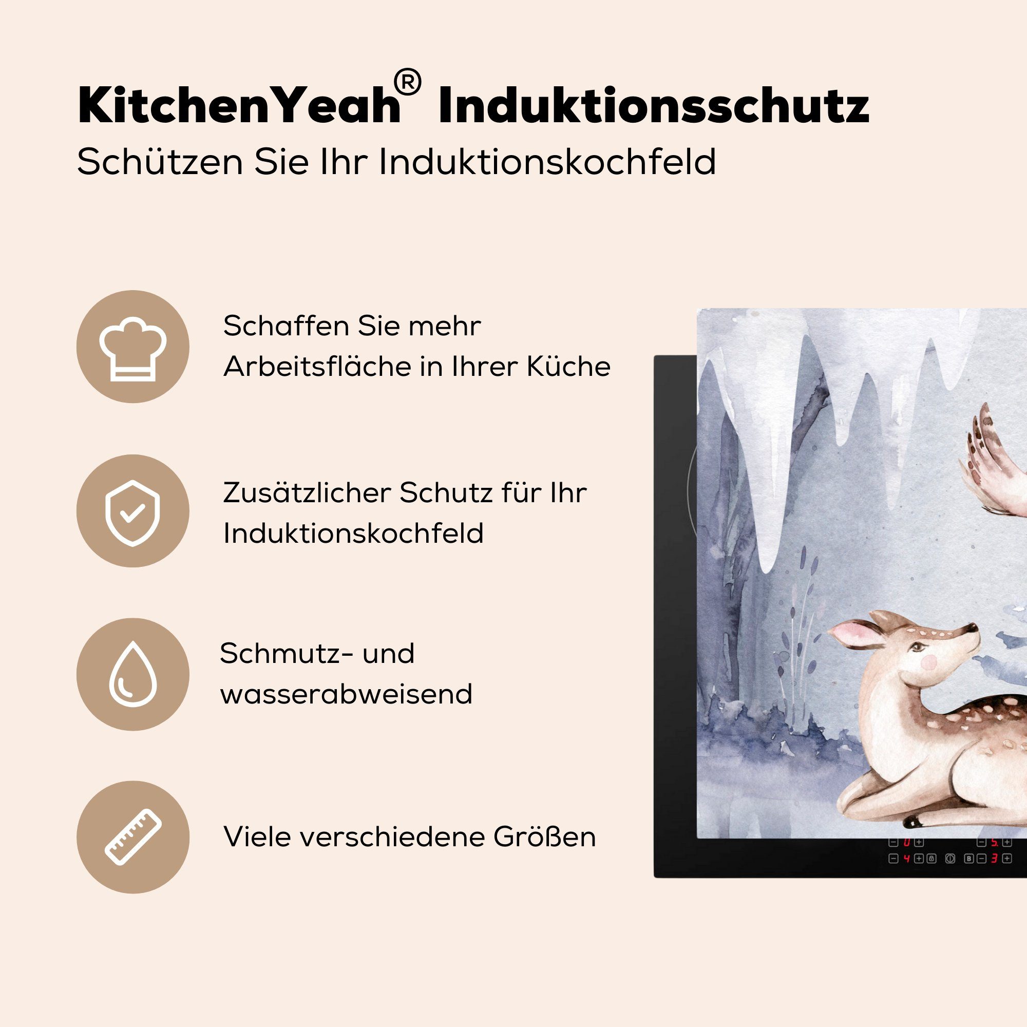 Induktionskochfeld Winter - Schutz Vögel Vinyl, für (1 tlg), die Hirsche küche, MuchoWow 81x52 Schnee, Herdblende-/Abdeckplatte cm, - - Ceranfeldabdeckung
