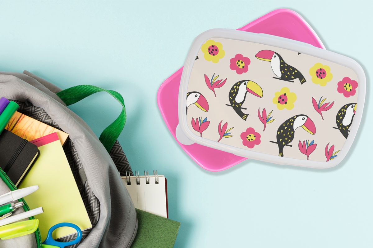 Kinder, Erwachsene, Brotdose - Blume, für Muster Kunststoff, (2-tlg), MuchoWow Kunststoff - rosa Lunchbox Snackbox, Vogel Mädchen, Brotbox