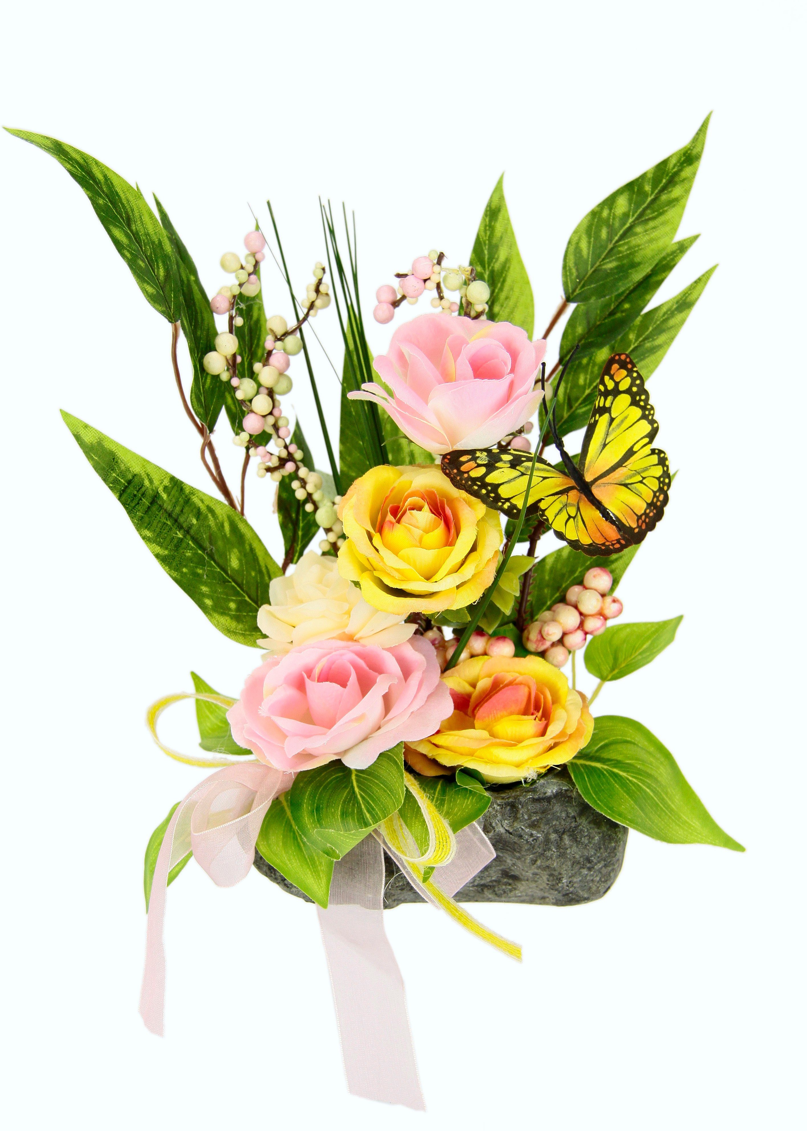 Kunstpflanze »Rosen, Schmetterling, Beeren und Schleife«, I.GE.A., Höhe 22 cm, Auf künstlichem Stein Unechte Gefälschte Deko Kunst-Blumen Osterdeko Frühjahrsdekoration Tischdeko Frühjahr Floristik Blumendeko Tisch künstlich-Otto