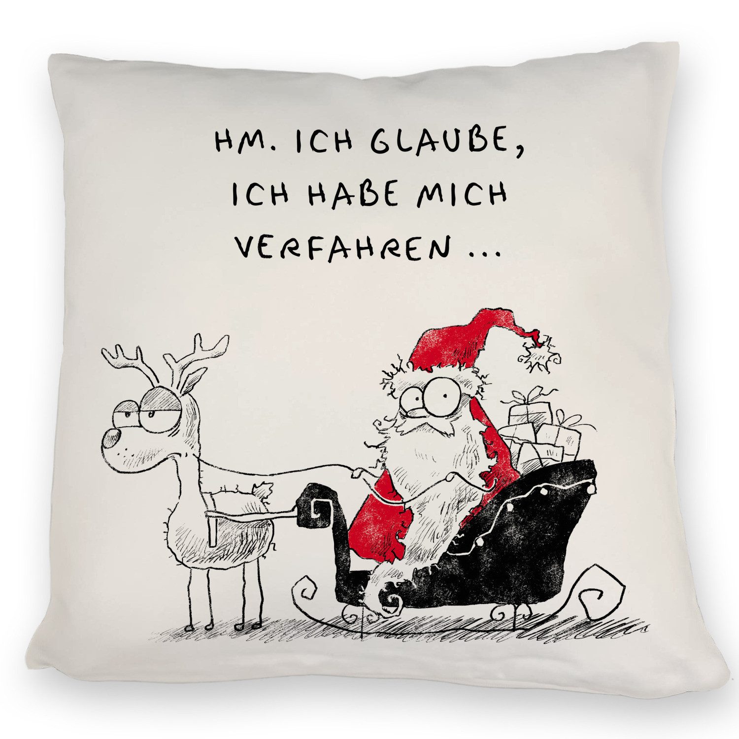 speecheese Dekokissen Weihnachtsmann im Schlitten Kissen mit Spruch Habe mich verfahren