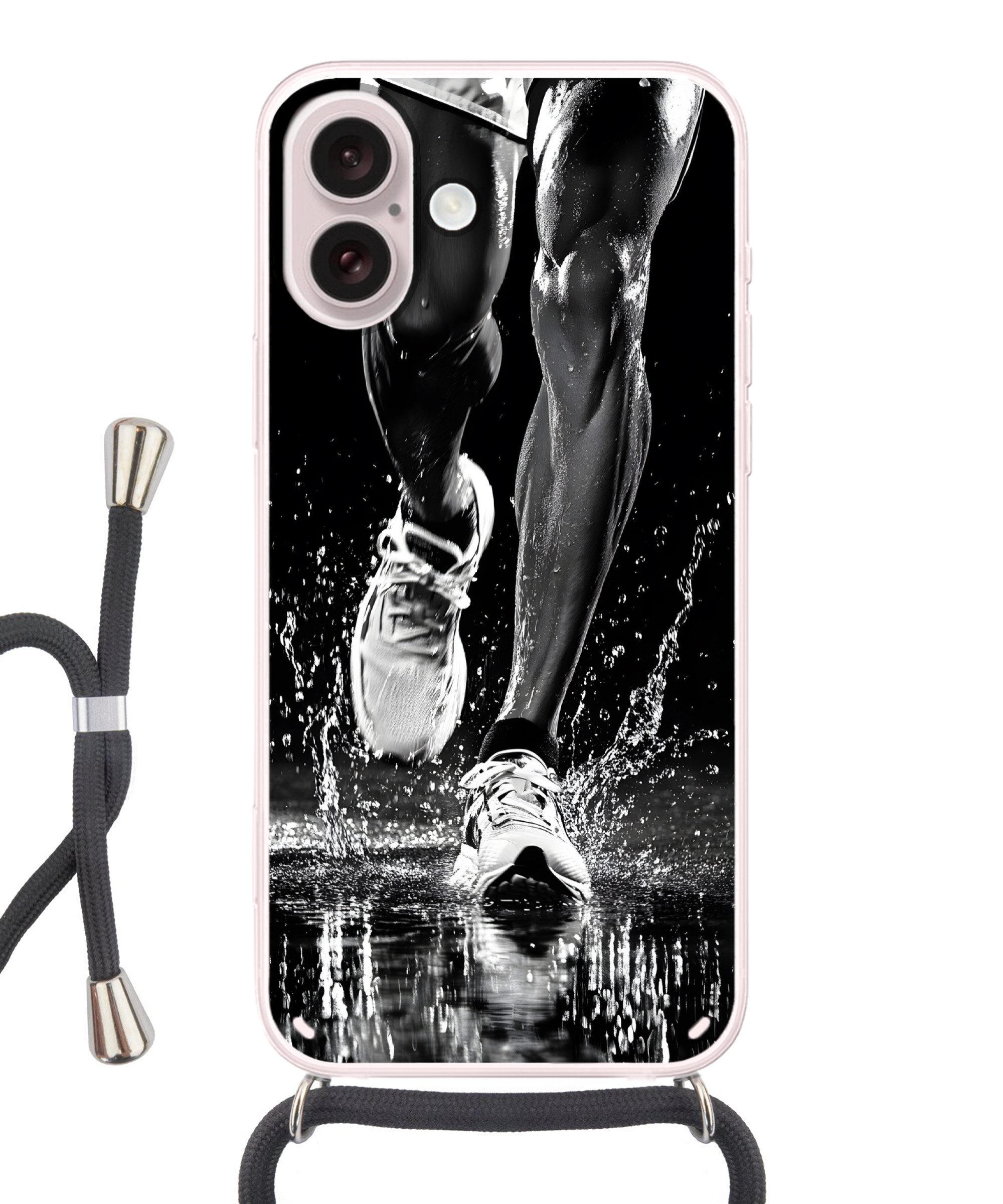 MuchoWow Handyhülle für Apple iPhone 16 Laufschuhe - Laufen - Drops - Schwarz, Tragbare Handyhüllen mit Kette zum umhängen, Handykette Handyband