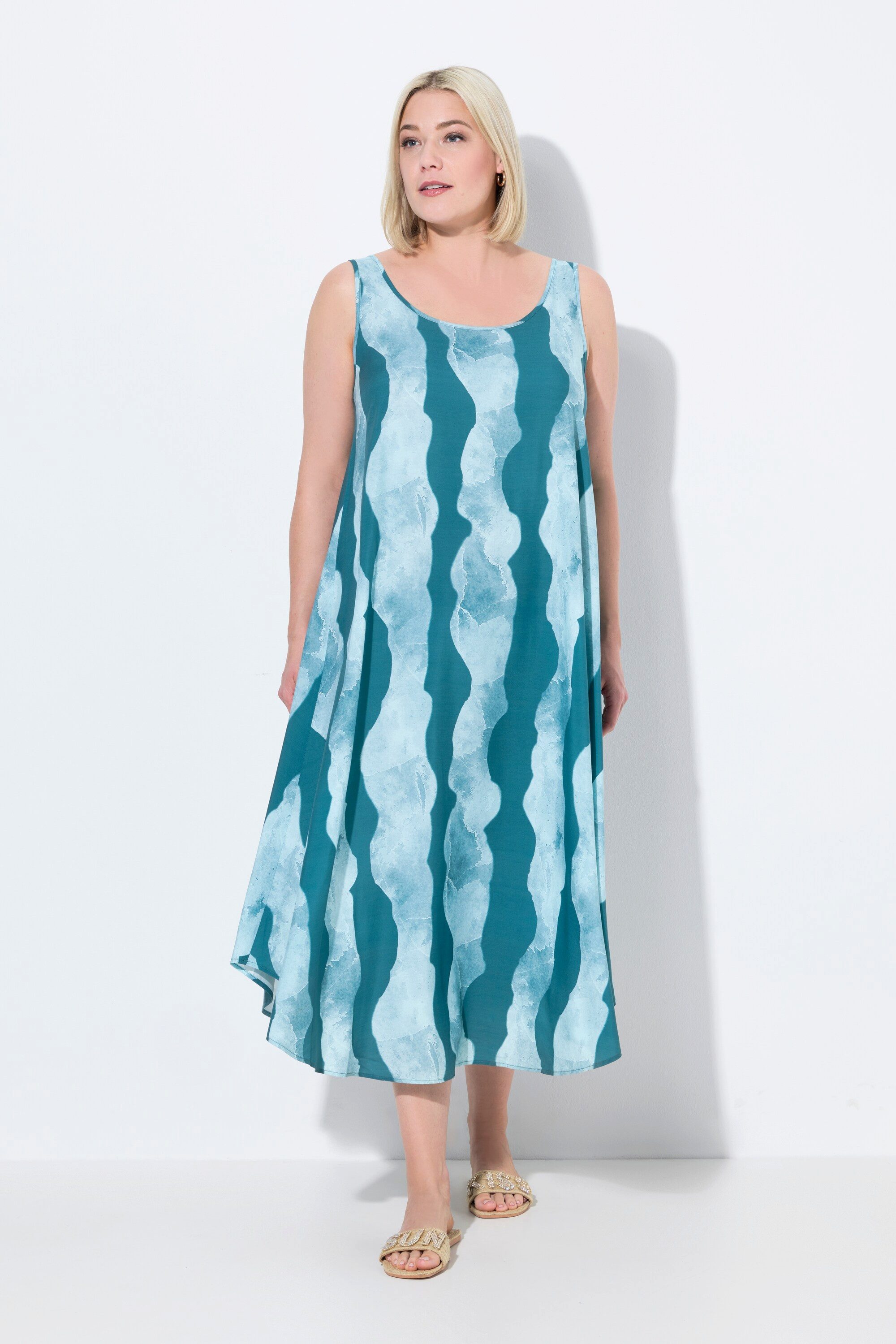 Maxikleid Kleid Wellenmuster A-Linie Rundhals ärmellos