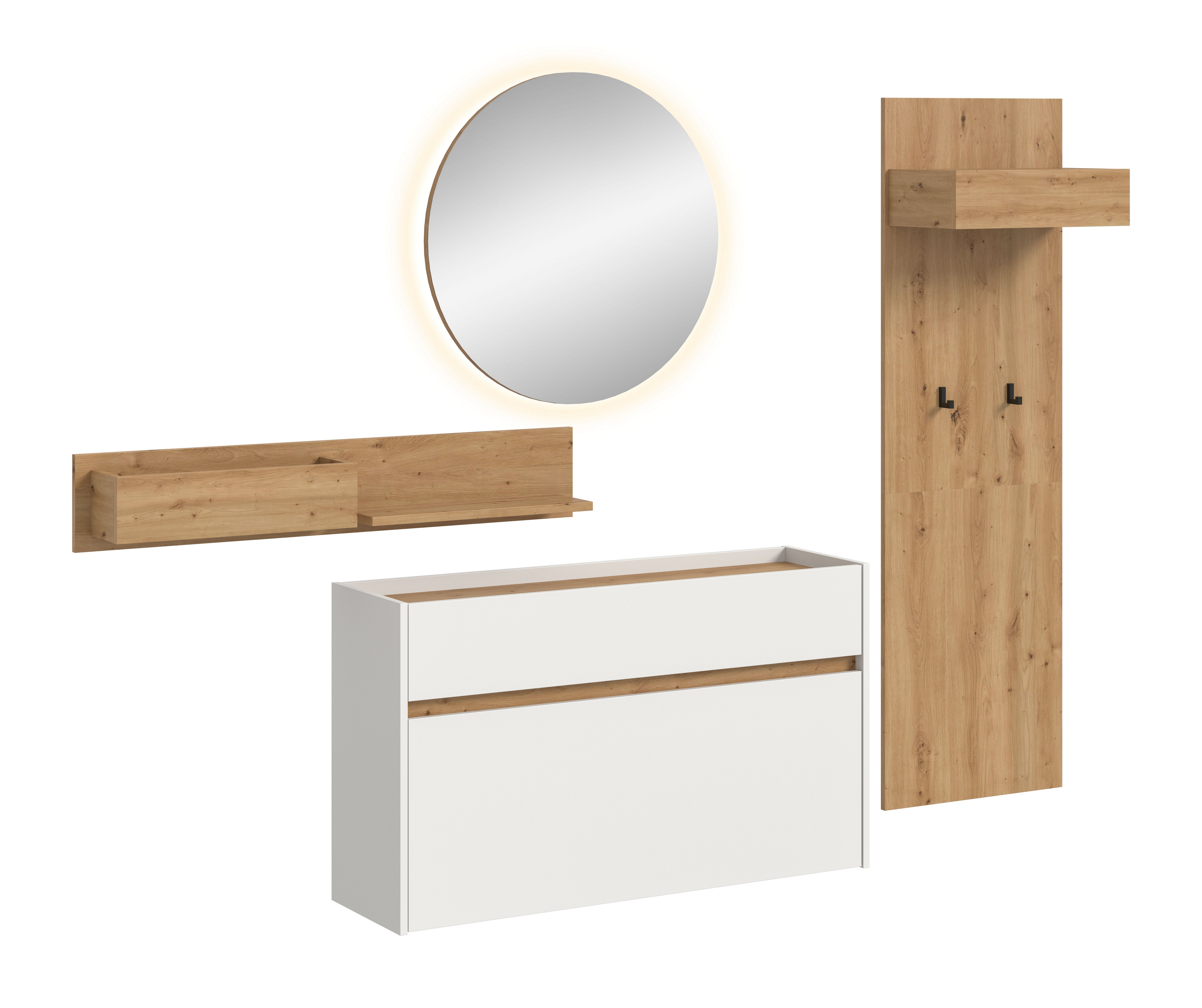 furnling Garderoben-Set Dravo, (4-St., Garderobenpaneel, Hängeregal, Schuhkommode, beleuchteter Spiegel), 2 Haken, große Ablagefläche, mit Beleuchtung, weiß/Artisan Oak