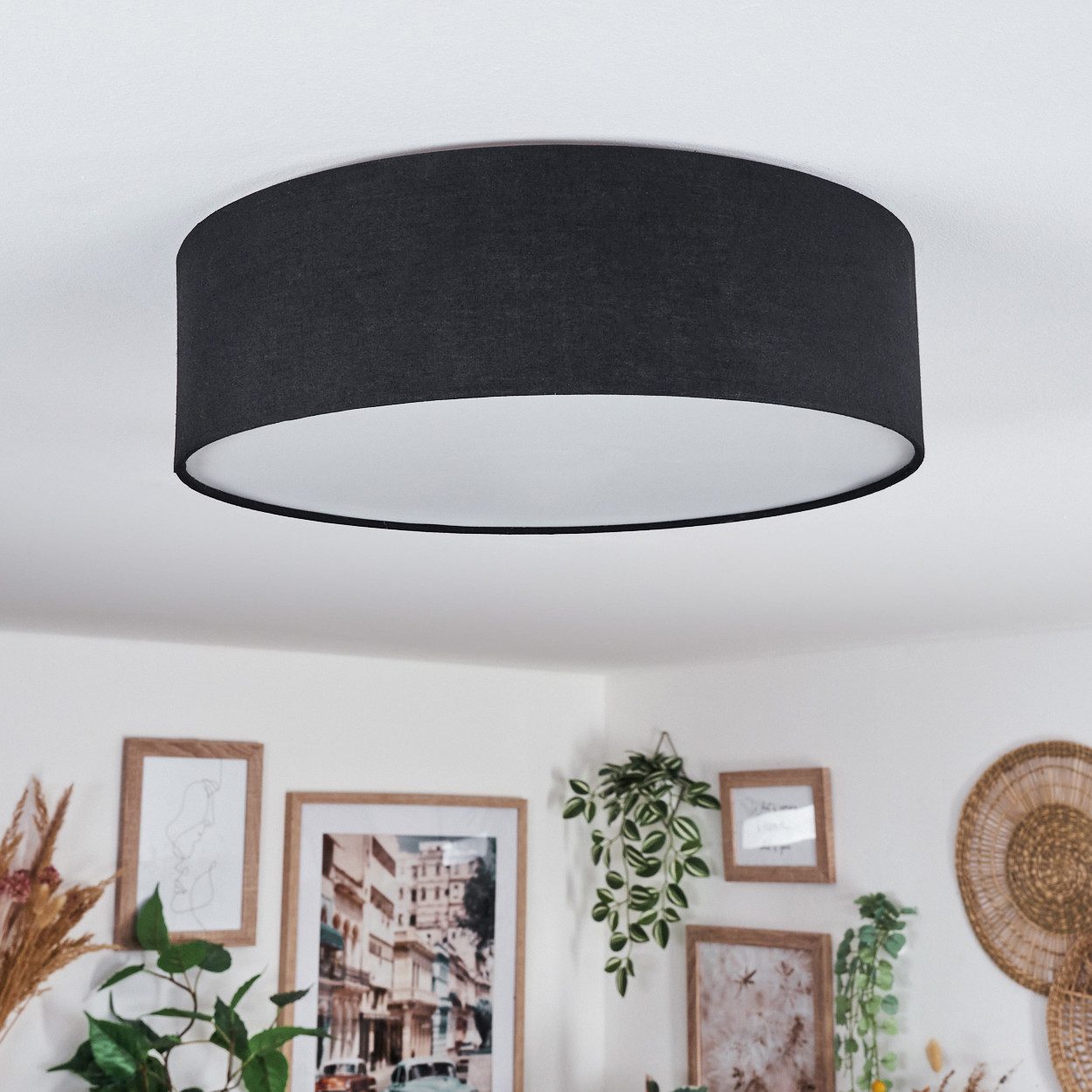 hofstein Deckenleuchte Deckenlampe aus Metall/Stoff/Kunststoff in Schwarz/Weiß, ohne Leuchtmittel, runde Leuchte im modernen Design (40 cm), E27, Esszimmer, Wohnzimmer