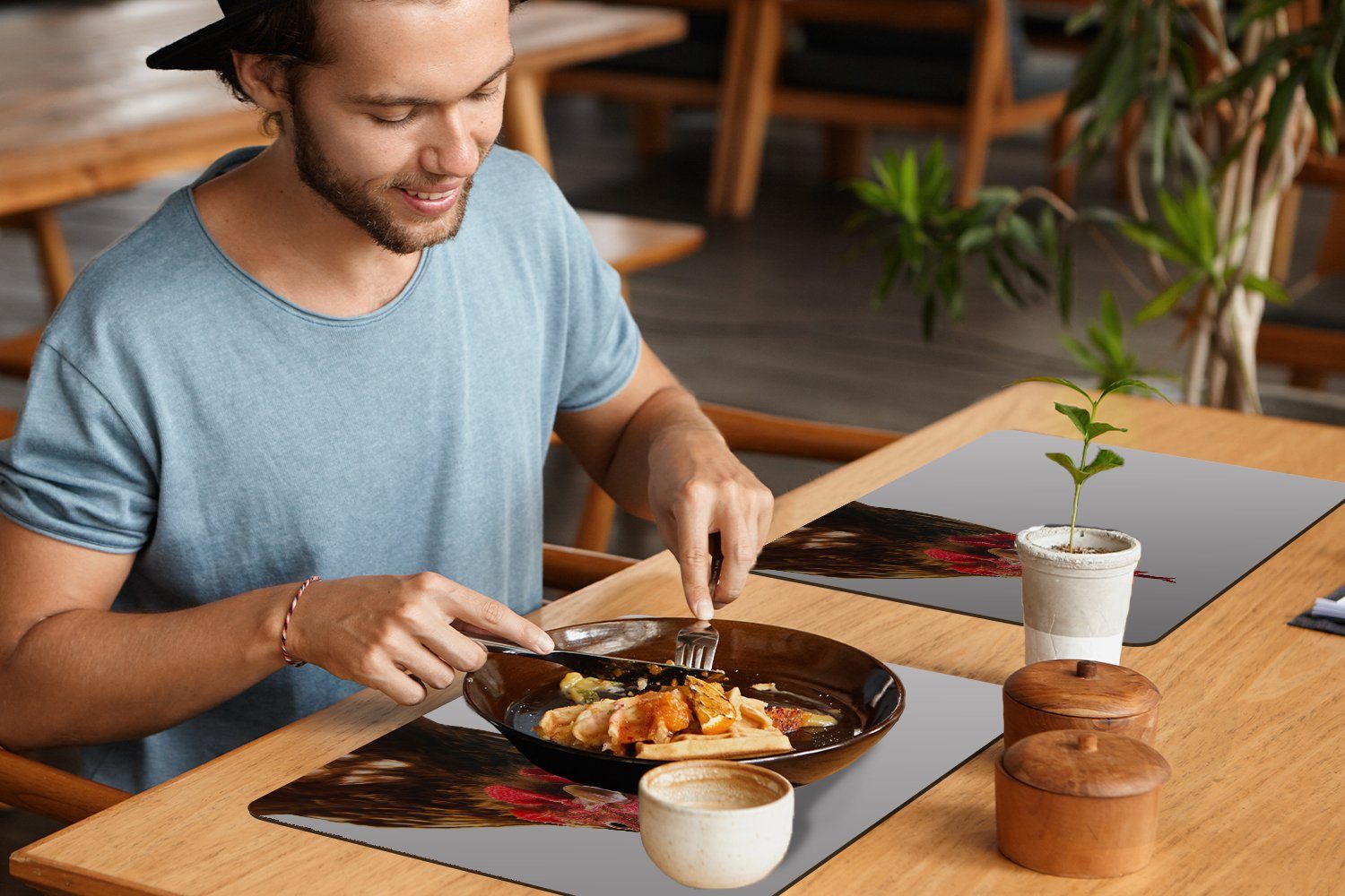 Hahn (6-St), Platzmatte, Platzset, Platzset, MuchoWow, Schmutzabweisend Tischmatten, Platzdecken, Fotodruck, Nahaufnahme