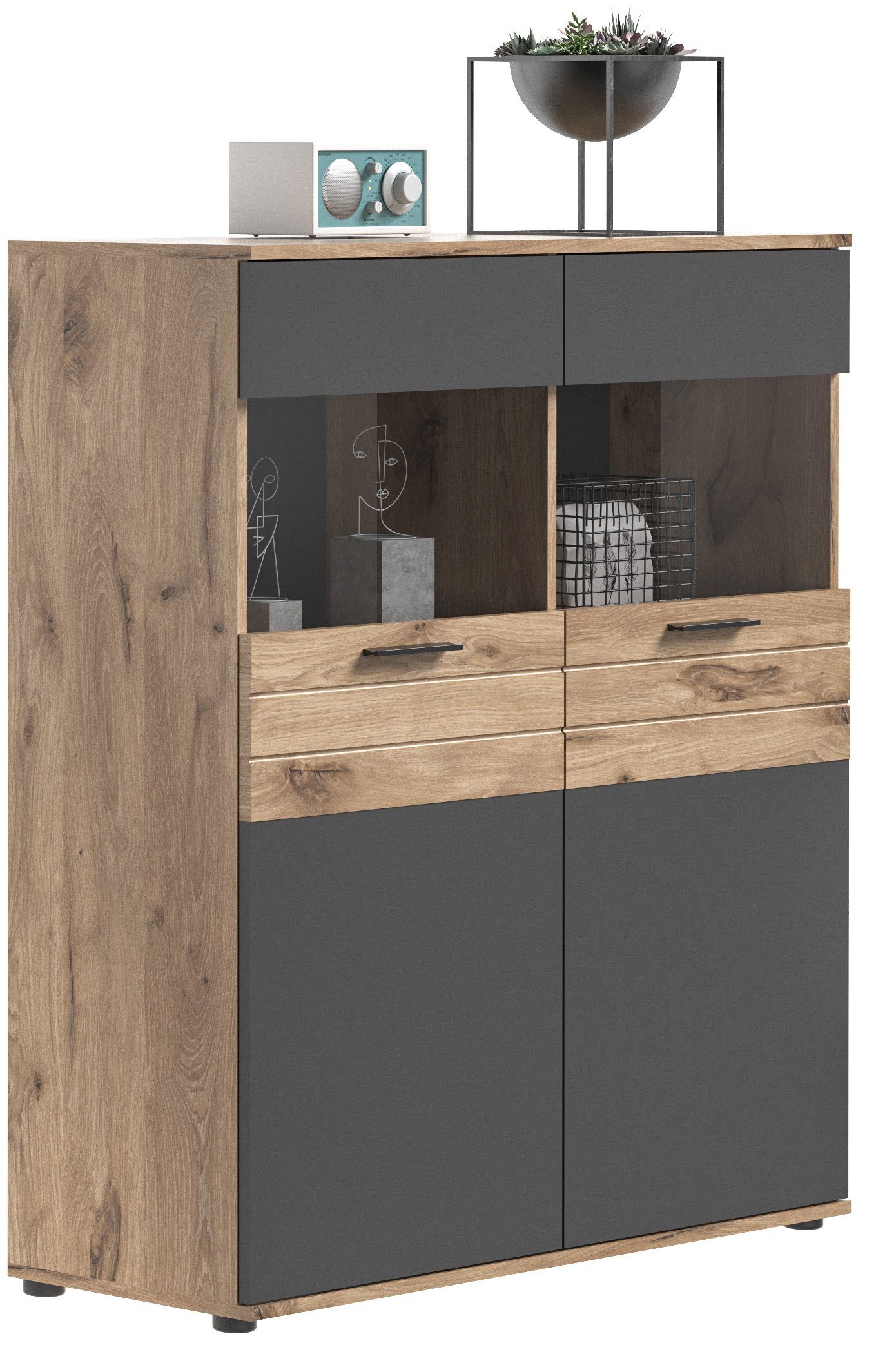 Newroom Vitrine Eiche 122 cm Vitrine Basalt Grau Eiche Vitrinenschrank Glasvitrine Industrial Mo...