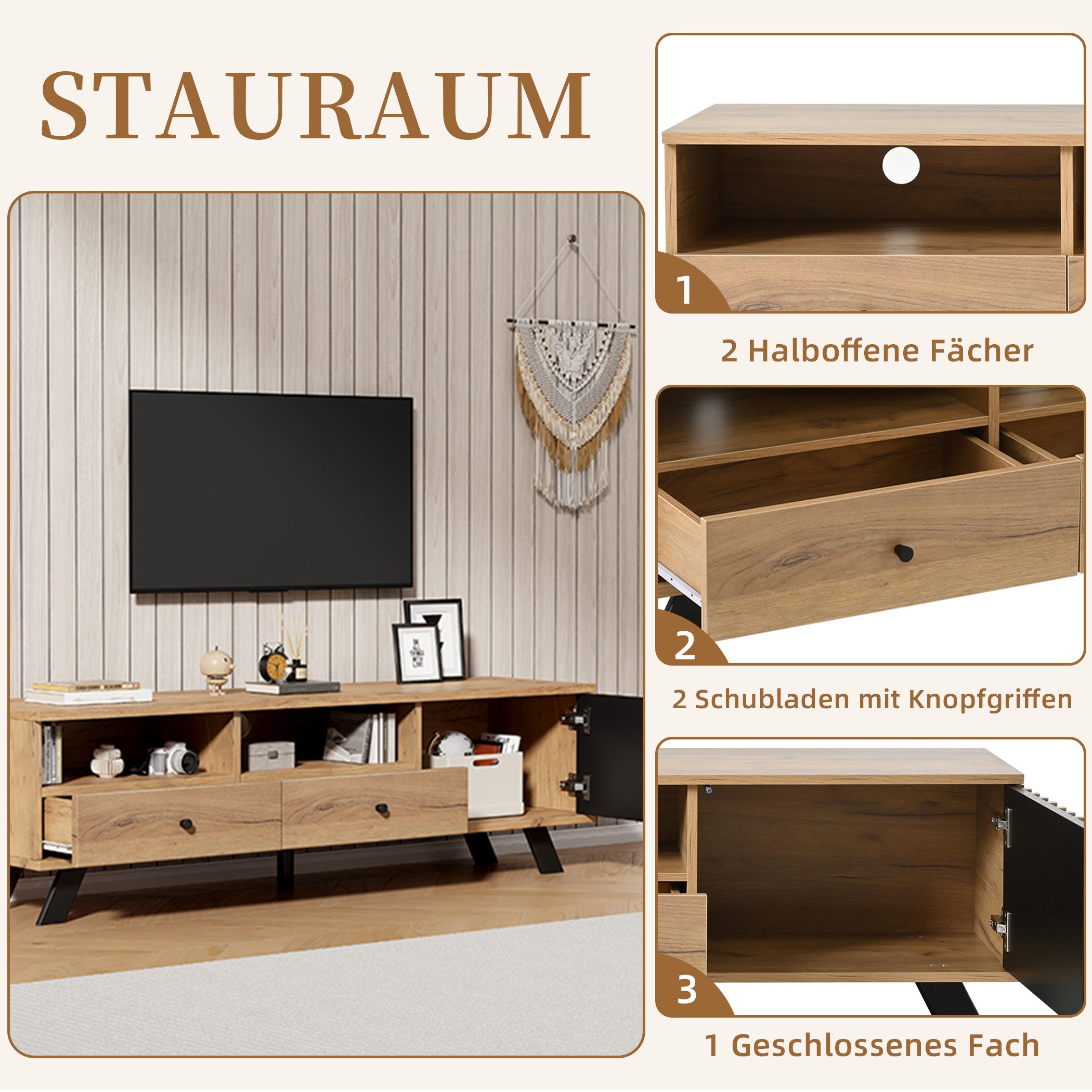 SeedWave Lowboard TV-Schrank mit Kabeldurchführung, 1 Schranktür in Kontrastfarben, Fernsehschrank mit 5 Stützfüßen