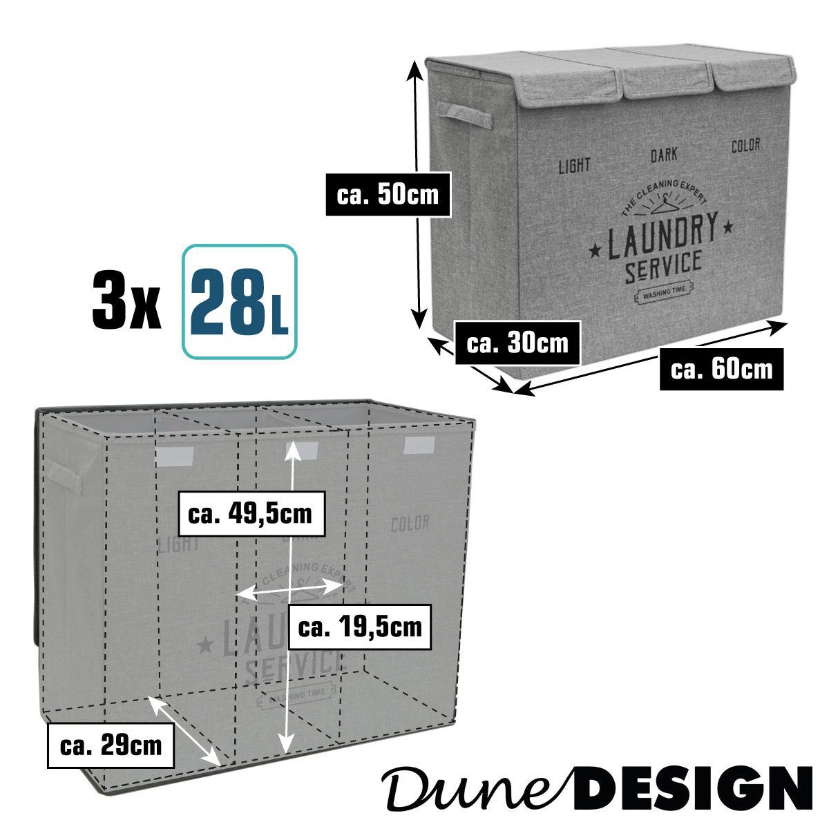 60x30x50 Wäschebox 84L Beige+Deckel, DuneDesign 3 Fächer Wäschekorb Wäschesammler Faltbar - Wäschekorb