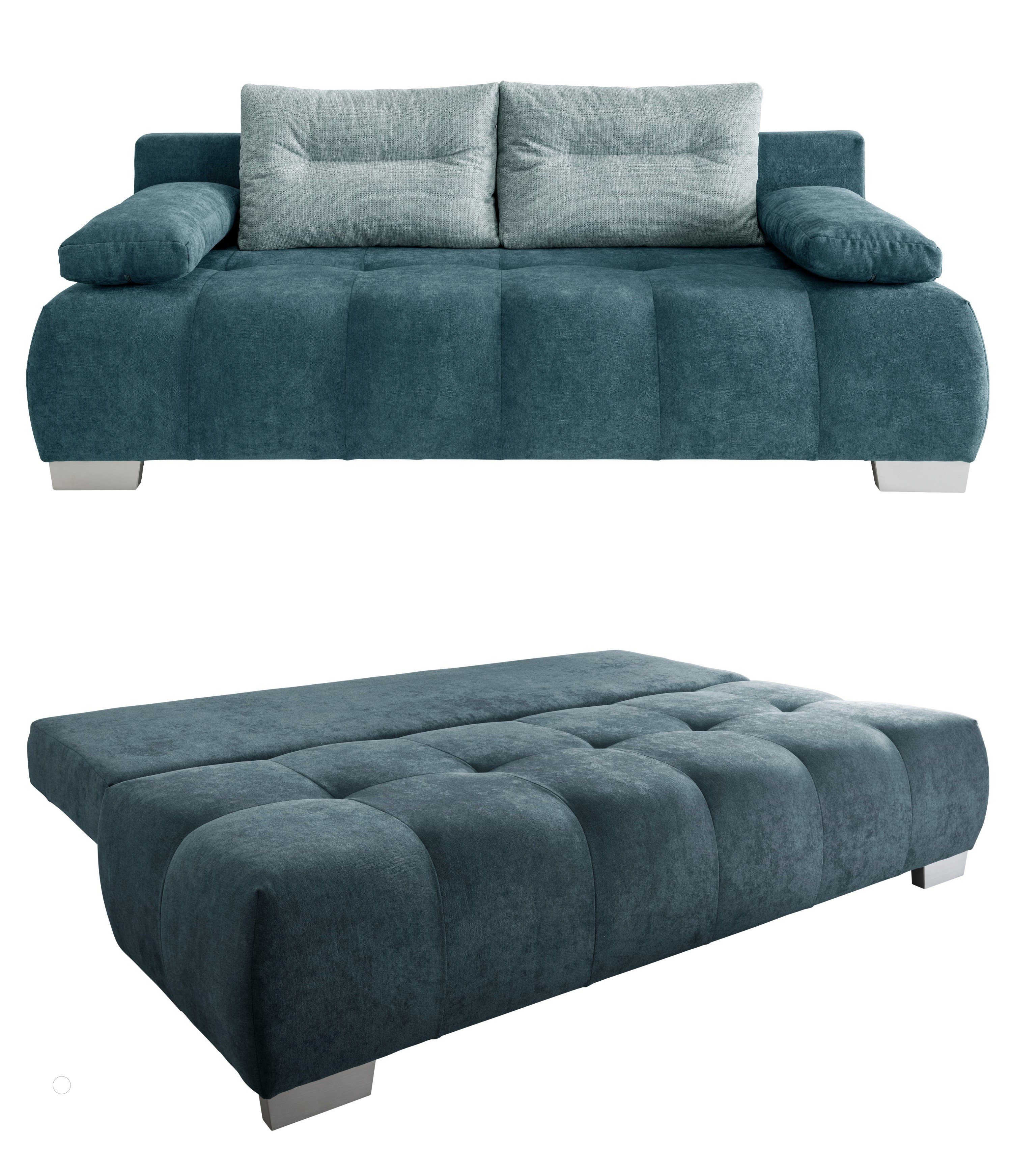 luma-home Schlafsofa 17212, mit Bettkasten 205 cm breit, attraktive Steppung, Federkern, Bettfunktion, Bezug Mikrofaser, Blau Petrol