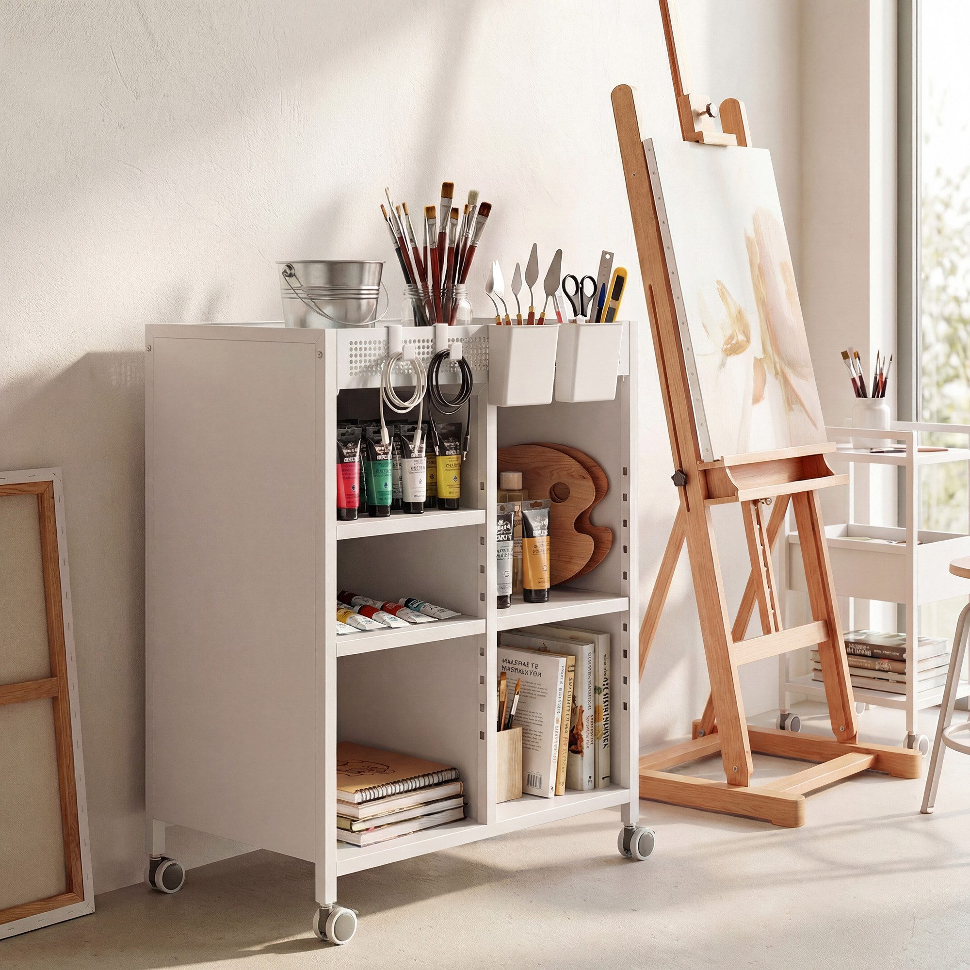 OKWISH Bücherregal Aufbewahrungswagen für Home Office und Wohnzimmer, mobiler Organizer, Bücherregal auf Rollen 53 x 34 x 69,5 cm, 4-stufig Rollregal Weiß 1-tlg., Regalwagen mit verstellbaren Böden und Hängekörben, flexible Ablage