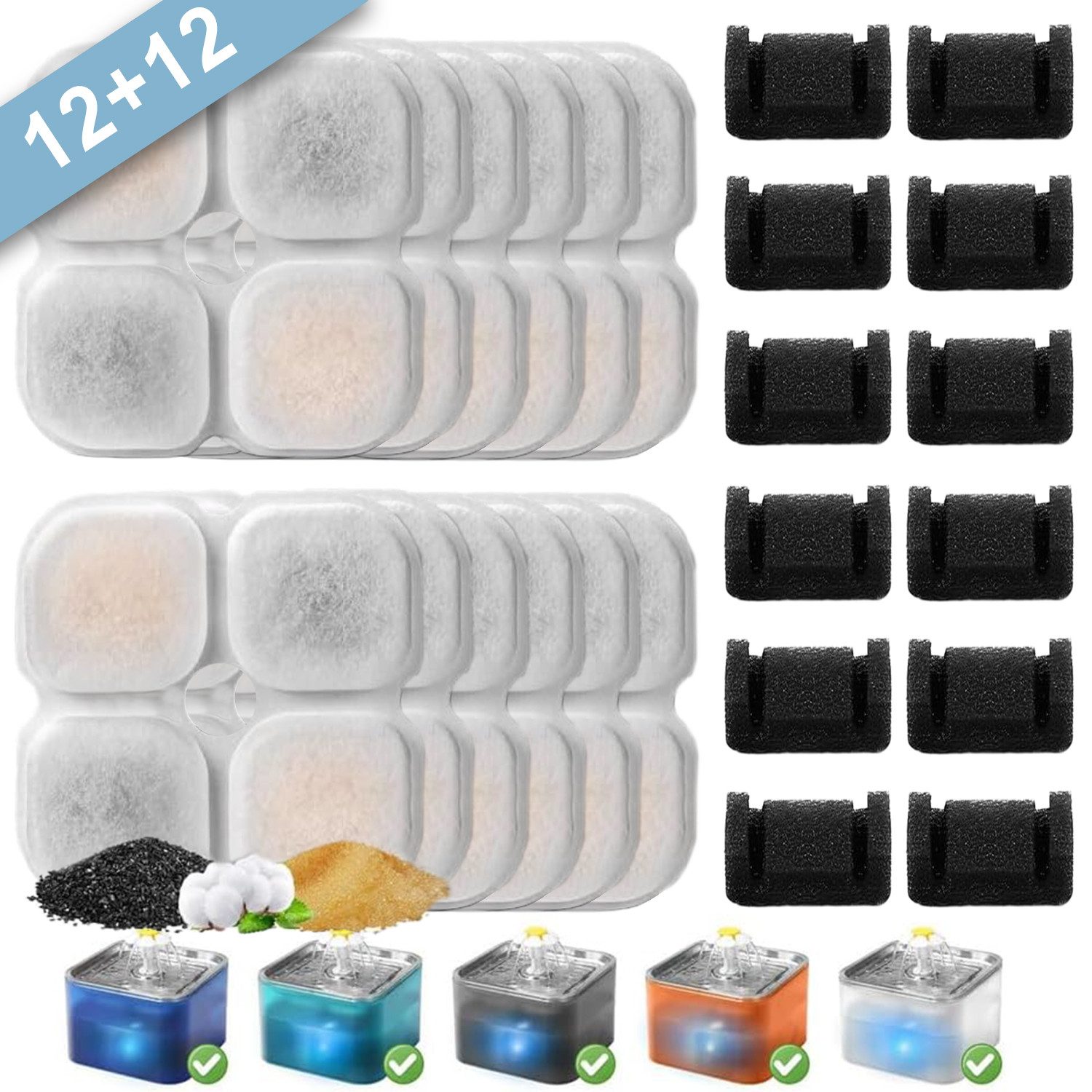 Refined Living Питні фонтанчики 12 tlg Katzenbrunnen Filters Katzen-Wasserbrunnenfilterersatz für 3L, Dreifaches Filtersystem Ersatzfilter Katze Wasserfilter HarzAktivkohle