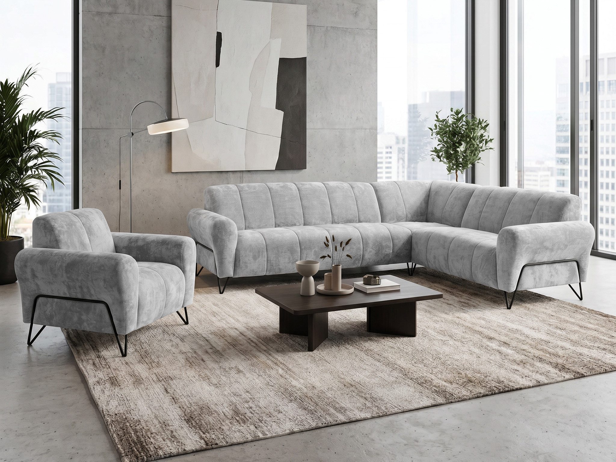 Beautysofa Polstergarnitur im modernen Stil auf hohen Metallbeinen VOLARE, (Sofagarnitur aus Chenille-Stoff, Beige Grau, Ecksofa L + Sessel Set moderne Couchgarnitur), HR-Schaum, Wellenfederung, freistehend