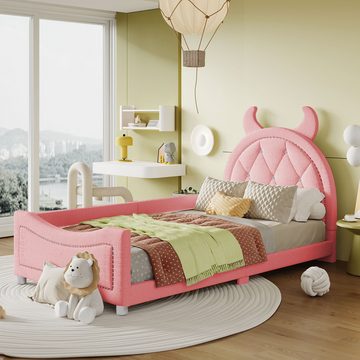 IDEASY Einzelbett Rosa/Beige gepolstertes Einzelbett mit getuftetem Ohrenkopfteil, (Kein Schnickschnack oder Matratze), niedriges Plattformbettgestell für Kinder, Mädchen, 90*200cm
