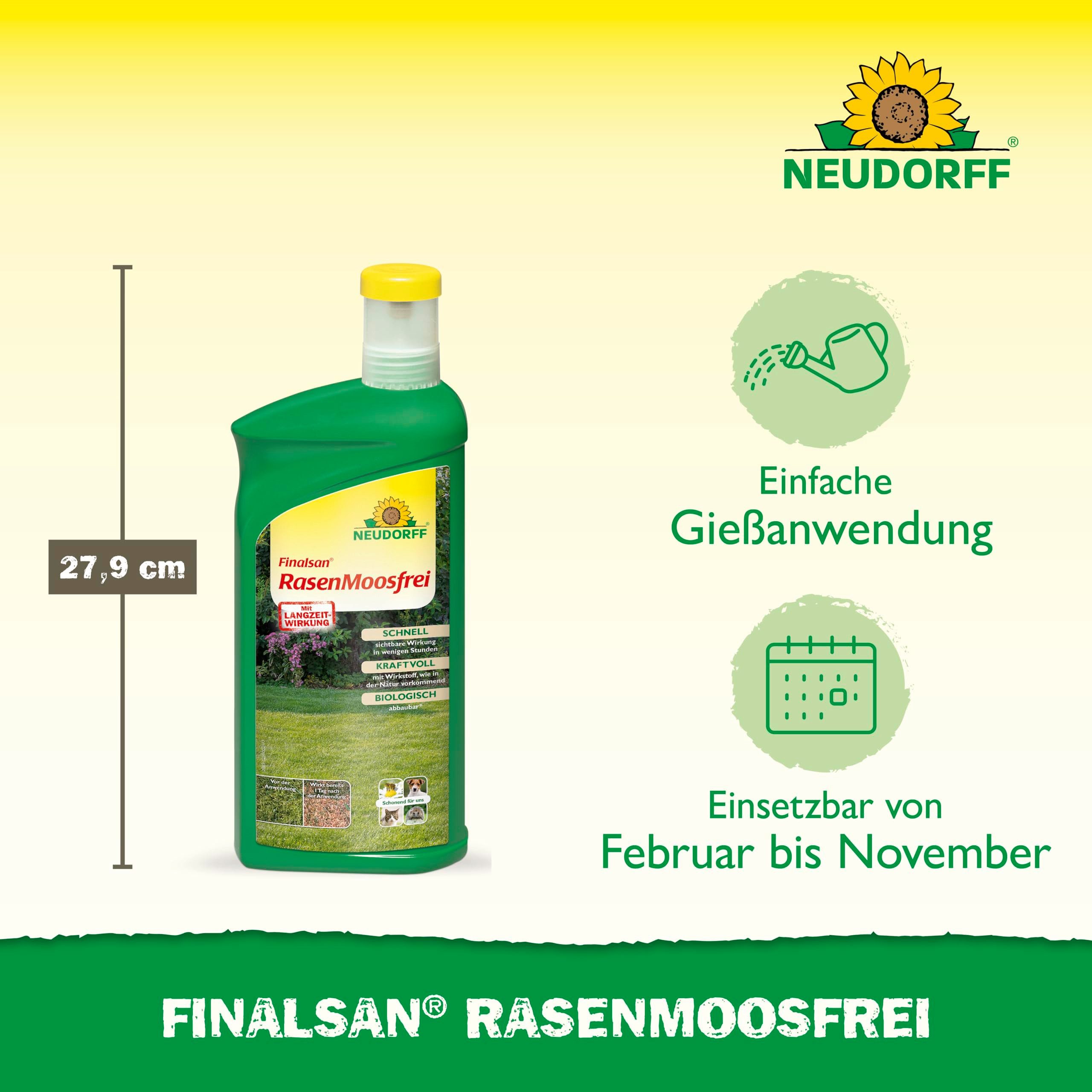 Neudorff Unkrautbekämpfungsmittel Finalsan RasenMoosfrei 1 Liter Rasenmoosvernichter 60 m², 1000 ml, schonend für Haustiere, Bienen und Igel, ohne Eisen, monatelange Dauerwirkung, bekämpft effektiv und schonend Moos im Rasen