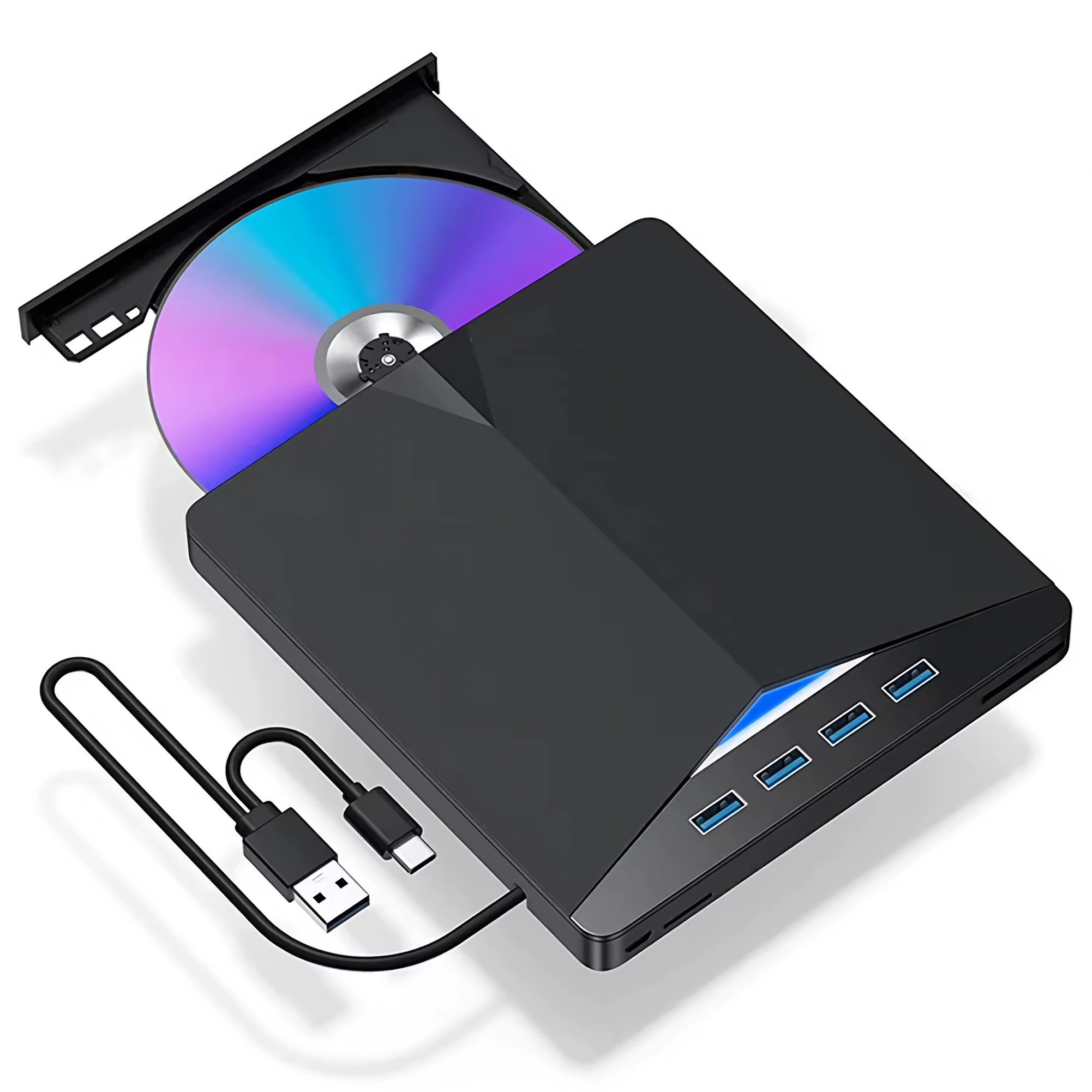 Bolwins D15C Externes CD/DVD-Laufwerk mit USB-C, USB 3.0, SD/TF Kartenleser Disc-Laufwerk (SD-Kartensteckplatz, TF-Kartensteckplatz, USB 3.0 A, USB-C, BD 24xx/DVD 8xx/CD 24xx, 7-in-1 CD/DVD-Brenner mit 4x USB 3.0, SD/TF, USB-C und USB-A Anschluss)