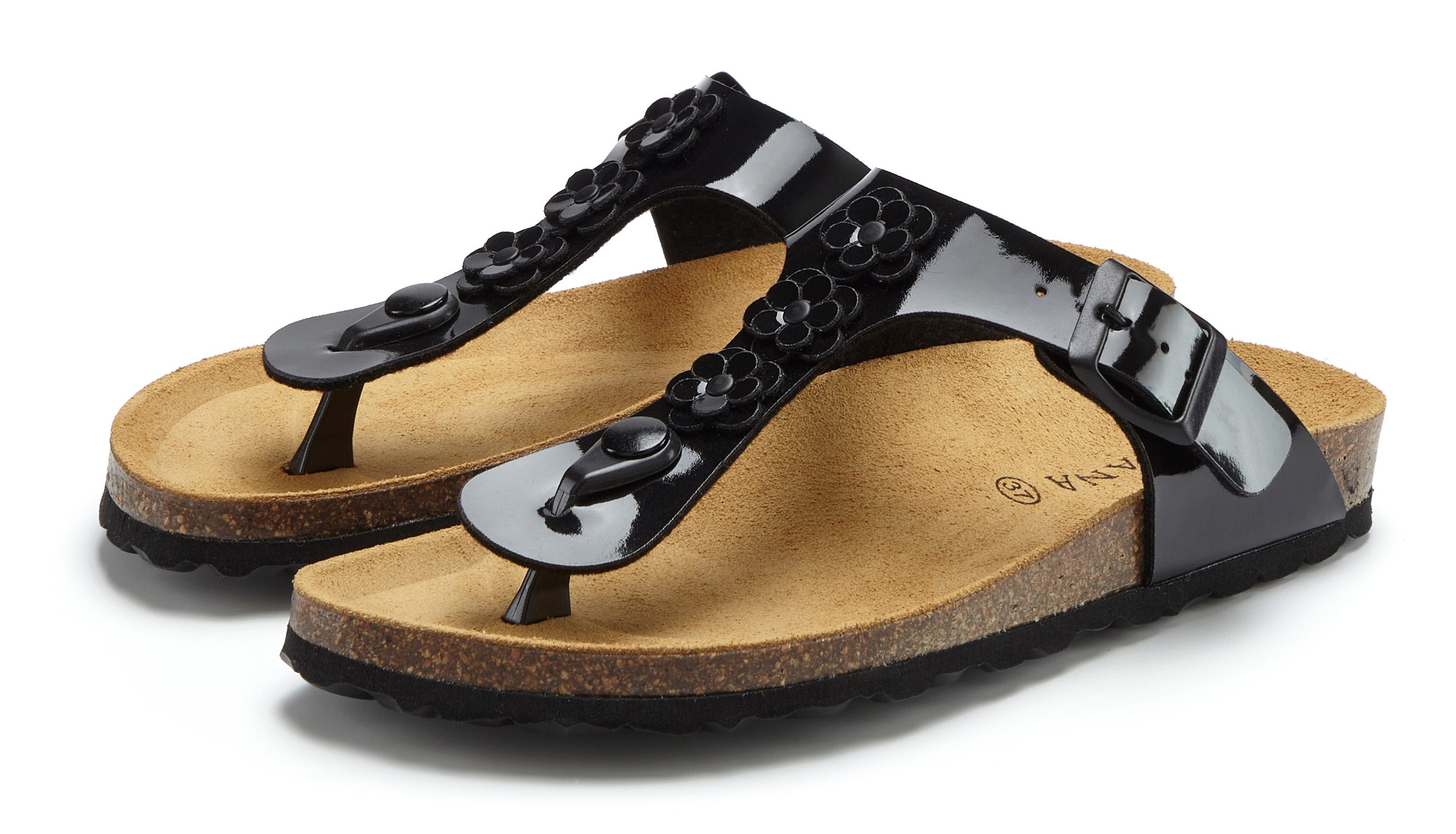 LASCANA Sandale, Pantolette, offener Schuh, Sommerschuh, Zehentrenner mit modischer Applikation und Komfortkorkfußbett aus Leder