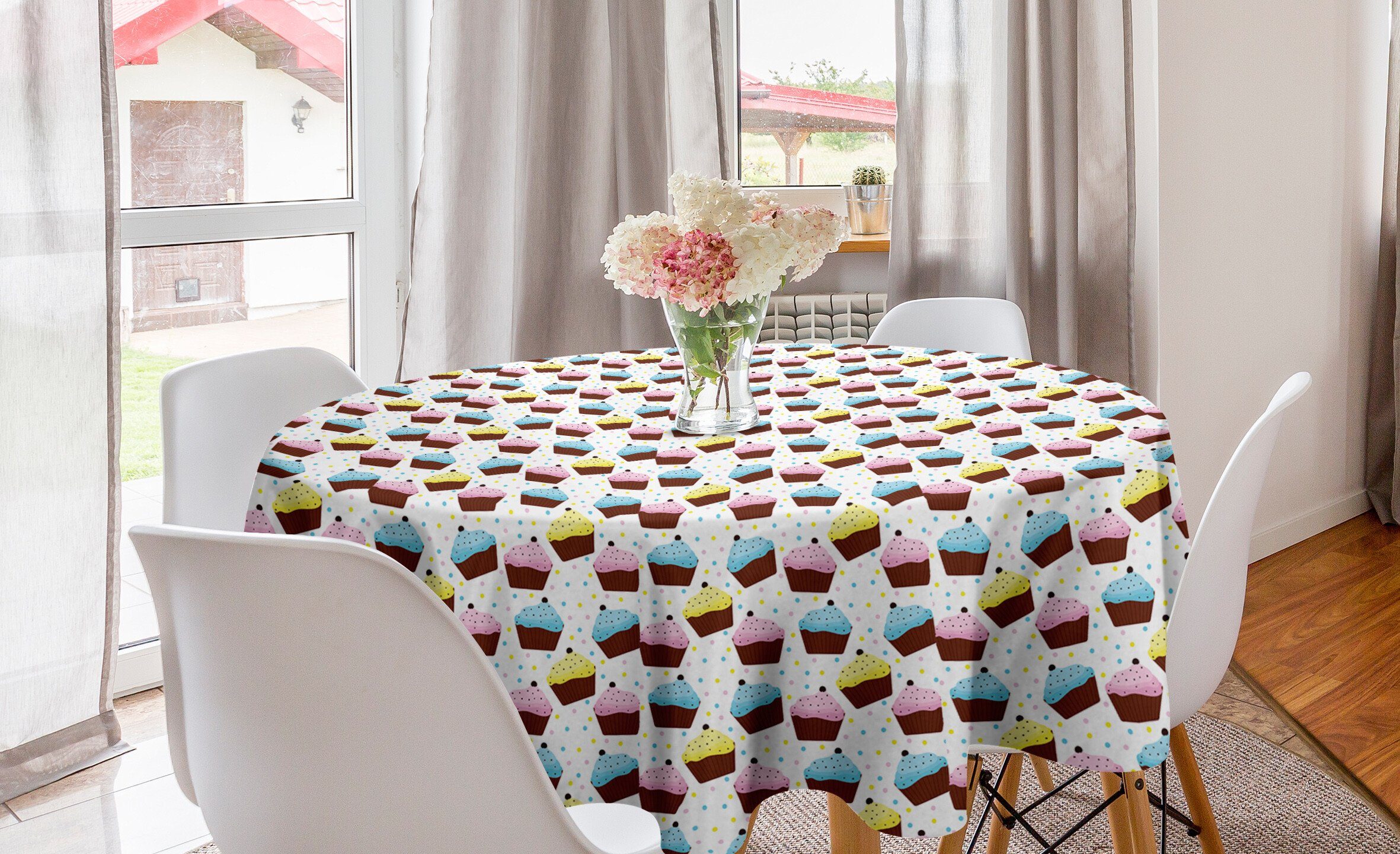 Abakuhaus Tischdecke Kreis Tischdecke Abdeckung für Esszimmer Küche Dekoration, Cupcake Bunte Feier Kuchen