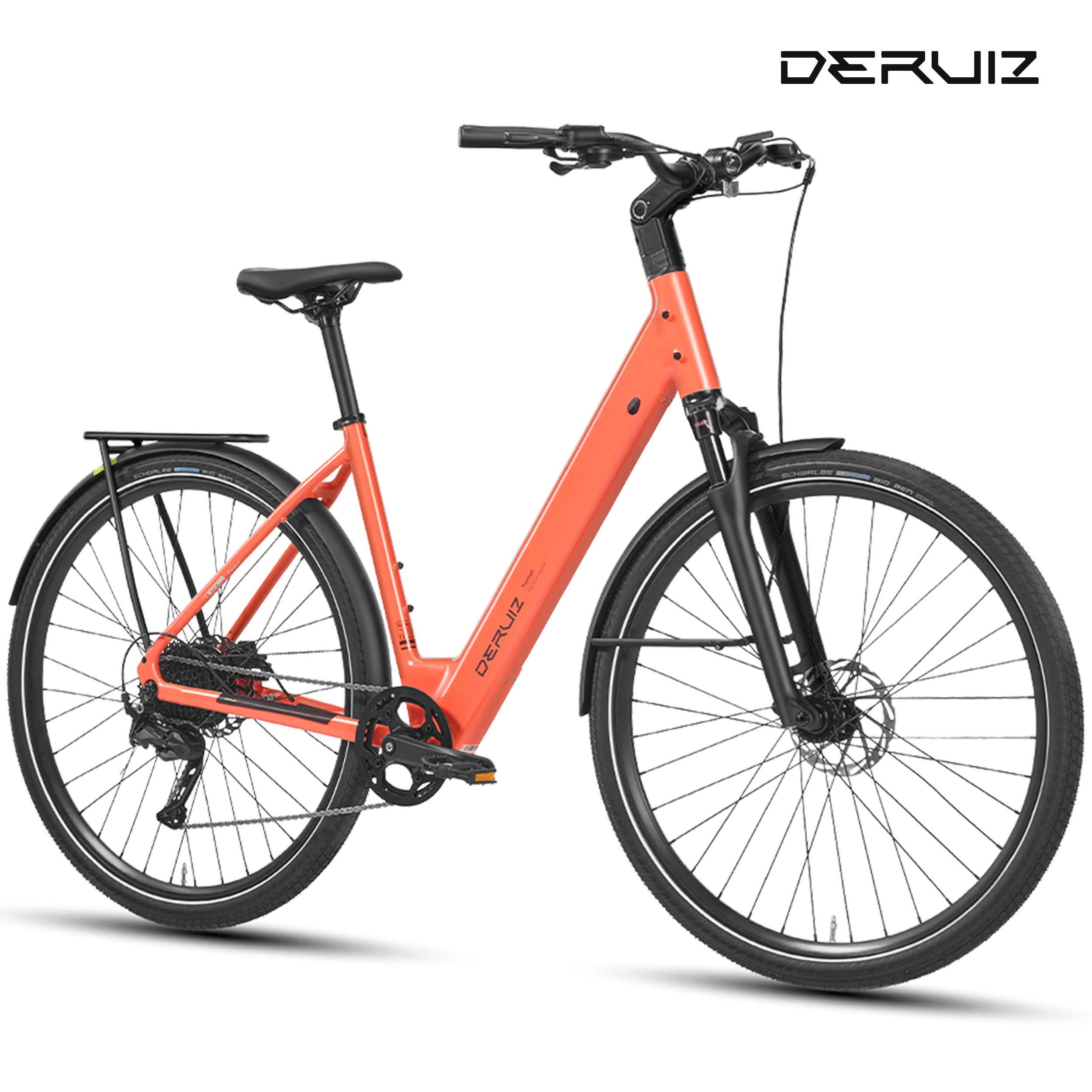 DERUIZ E-Bike Cityrad 28 Zoll, Kettenantrieb/Riemenantrieb, Bluetooth und APP, max. 110km, 9 Gang Shinamo, Kettenschaltung, Heckmotor, 360 Wh, (Traglast ca. 140kg, nur ca. 20kg, Elektrofahrrad für Damen und Herren), Kadenz- und Drehmomentsensor, Routenaufzeichnung, Tiefeinsteiger