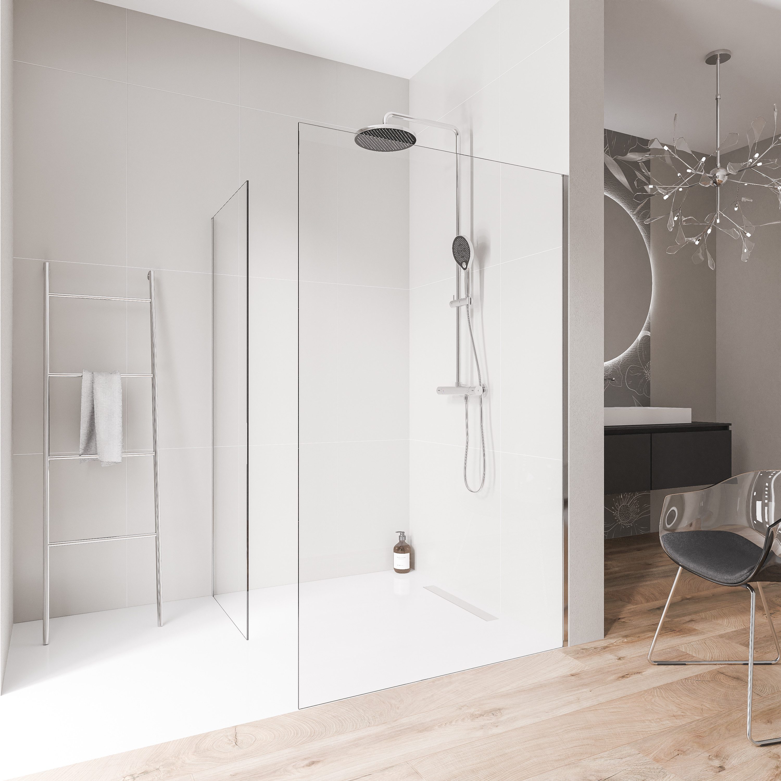 Bernstein Walk-in-Dusche EX102, Einscheibensicherheitsglas (ESG), (Front: 80 cm x Seite: 70 cm ohne Bodenprofil, 2 tlg., Ohne Bodenprofil), Klarglas, 10 mm, Ohne Bodenprofil, Profil Chrom