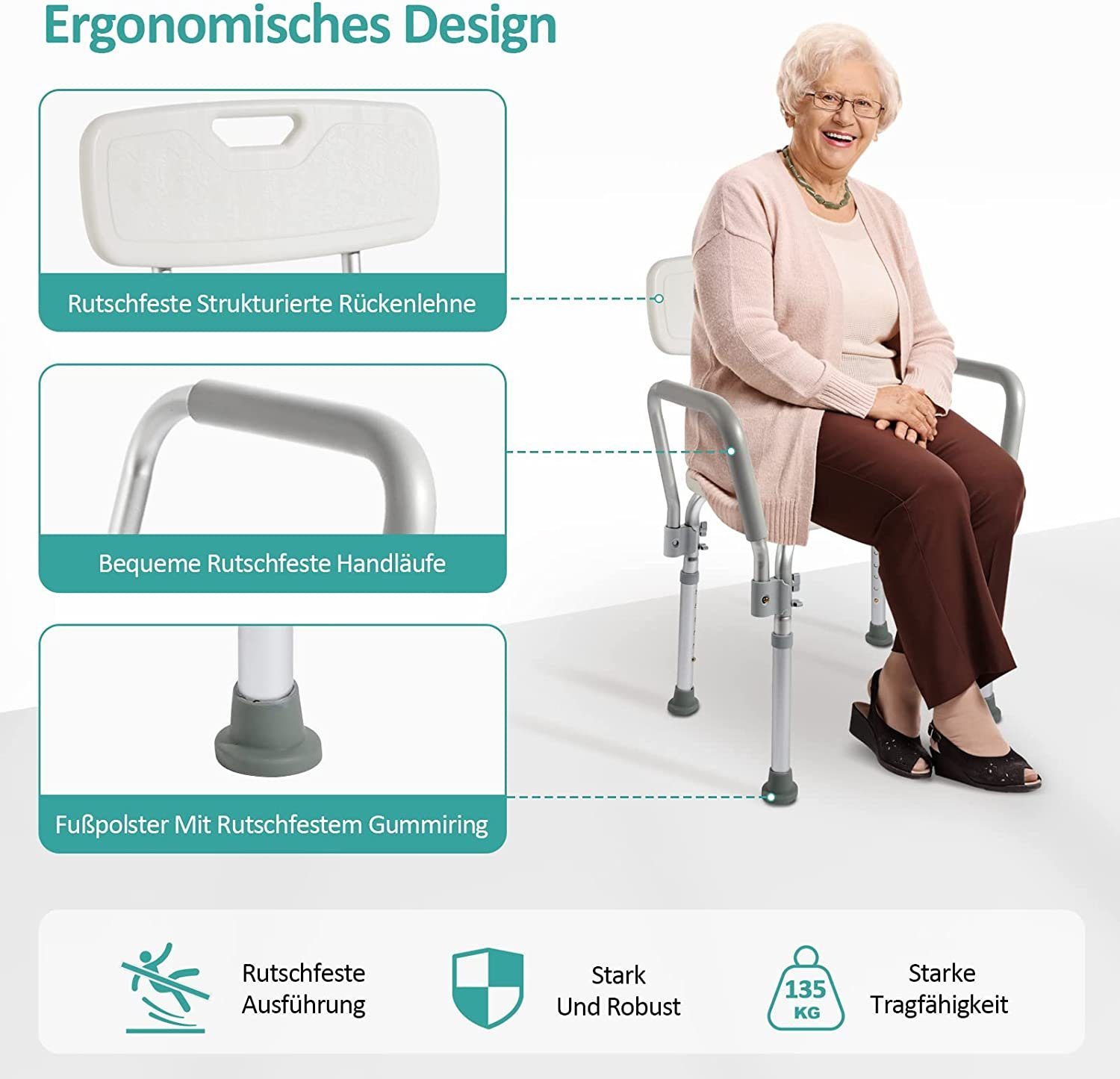 EMKE Duschhocker Badhocker Duschstuhl Duschhocker für senioren,bis 135KG, Weiß, mit Anti-Rutsch-Saugnapf-Füßen, ergonomischen Armlehnen & Rückenlehne