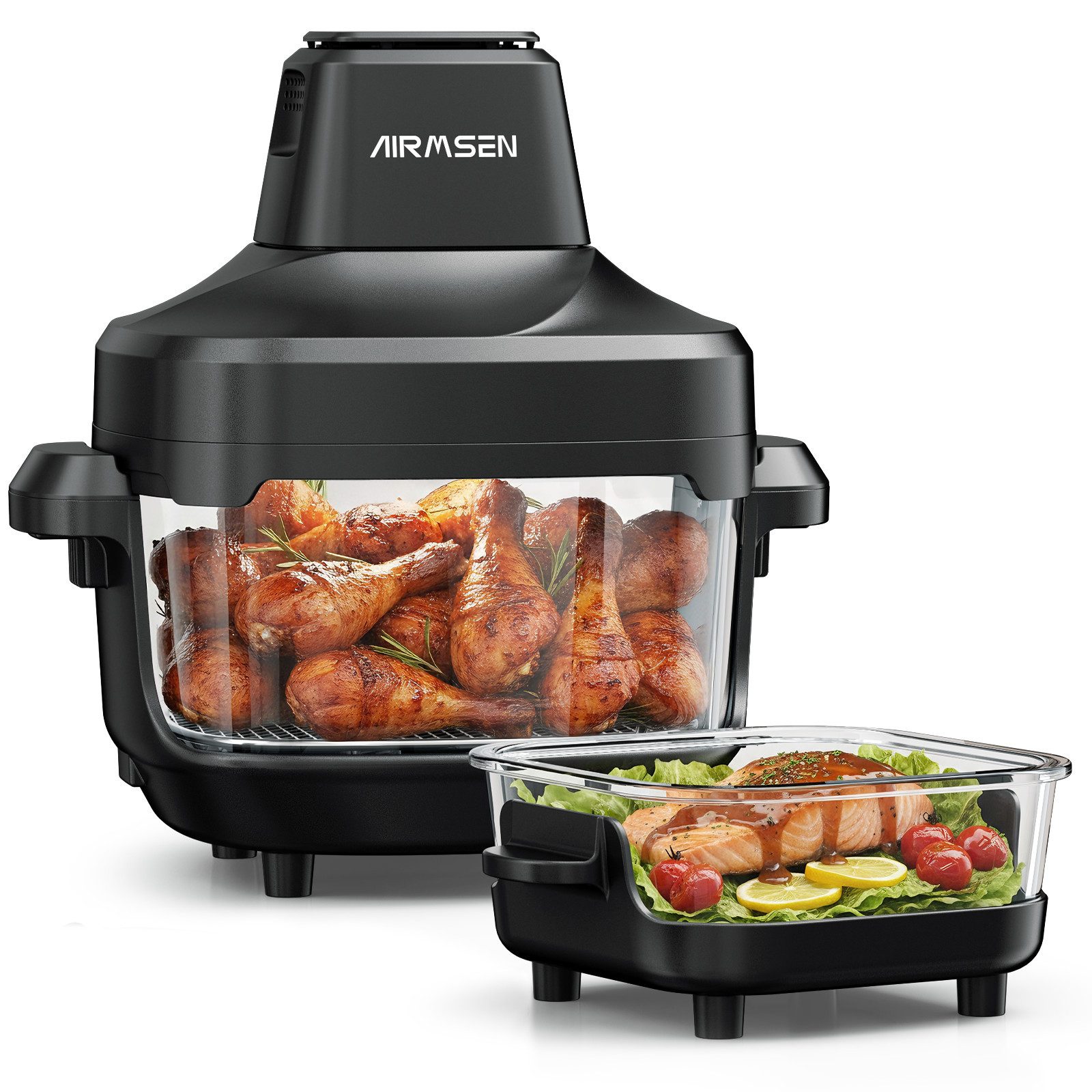 Airmsen Heißluftfritteuse 1500W airfryer mit 360° Sichtfenster & 4 Programme, 1500 W, Ohne Öl,Dual-Kapazitätsdesign mit 4,5L + 1,2L,Abnehmbares Design