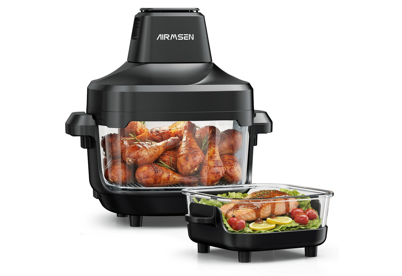Airmsen Heißluftfritteuse 1500W airfryer mit 360° Sichtfenster & 4 Programme, 1500 W, Ohne Öl,Dual-Kapazitätsdesign mit 4,5L + 1,2L,Abnehmbares Design