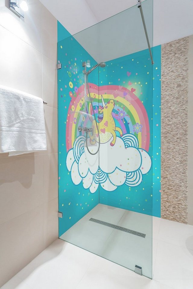 Thumbnail - Wallario Duschrückwand Lustiges Einhorn auf einer Wolke vor Regenbogen, (2-tlg)