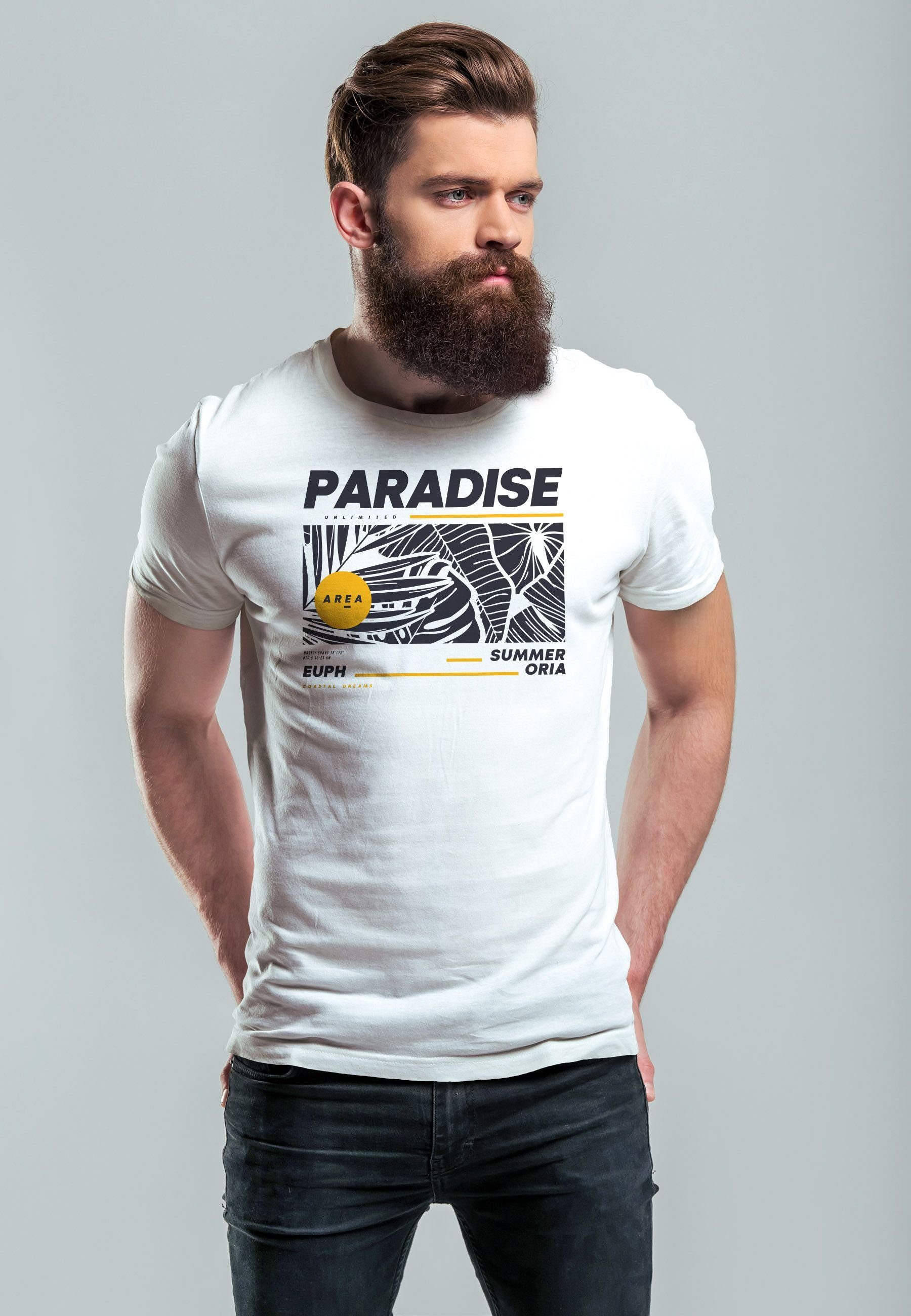 weiß Motiv mit T-Shirt Print Neverless Herren Sommer Print-Shirt Aufdruck Paradise Fash Unlimited Teachwear