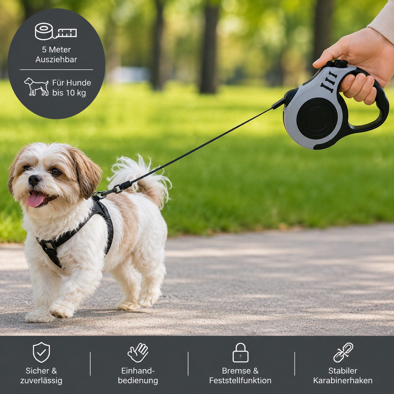 Illes-Laedchen Hundeleine Automatische Hundeleine 5m Ausziehleine für kleine Hunde bis 10 kg, Rollleine mit Bremse & Einhandbedienung