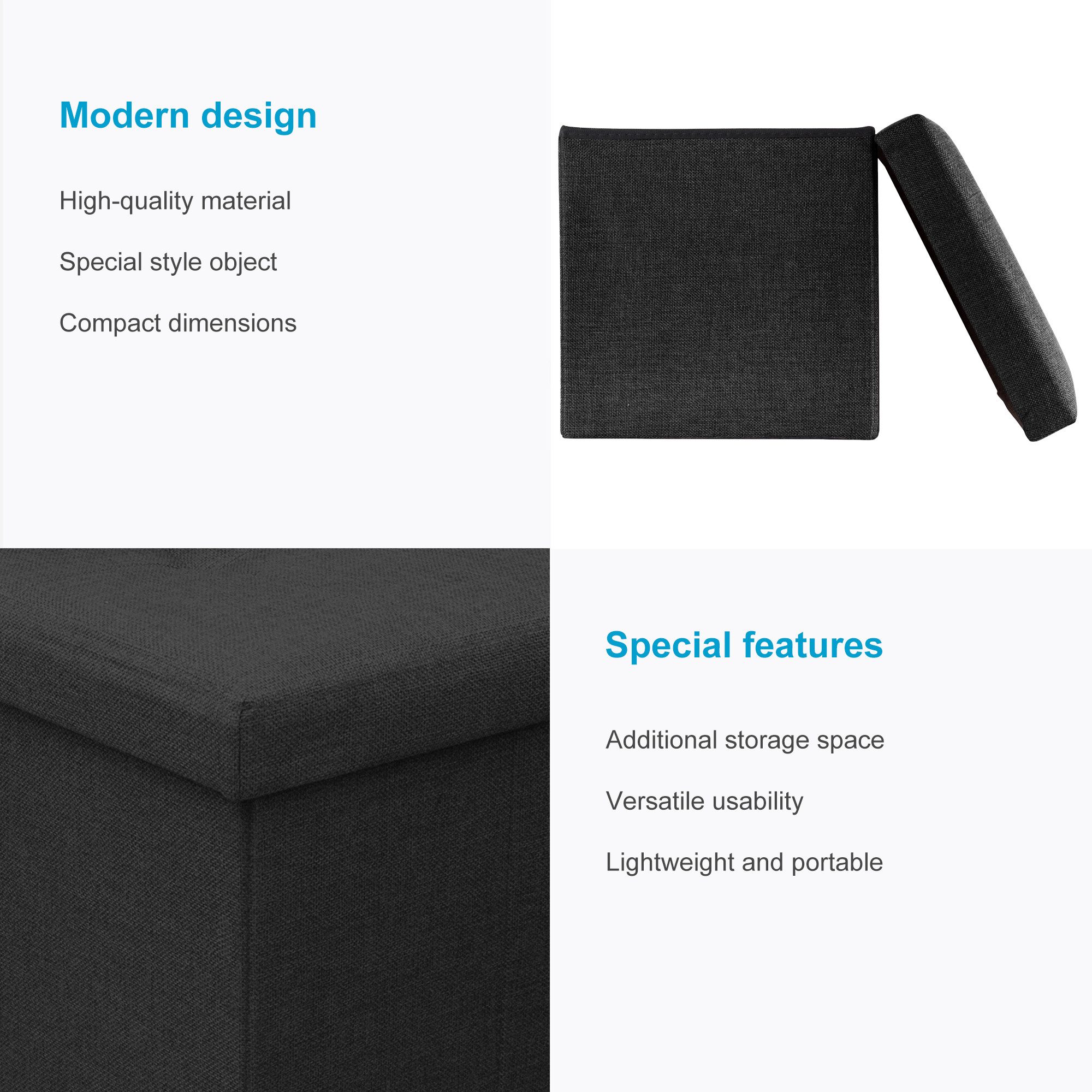 Intirilife Sitzwürfel (Sitzwürfel mit Stauraum 38x38x38 cm in DIAMANT SCHWARZ - Fußablage, 1 St), Sitzhocker Faltbar 38x38x38 cm Sitzwürfel Aufbewahrungsbox Fußhocker