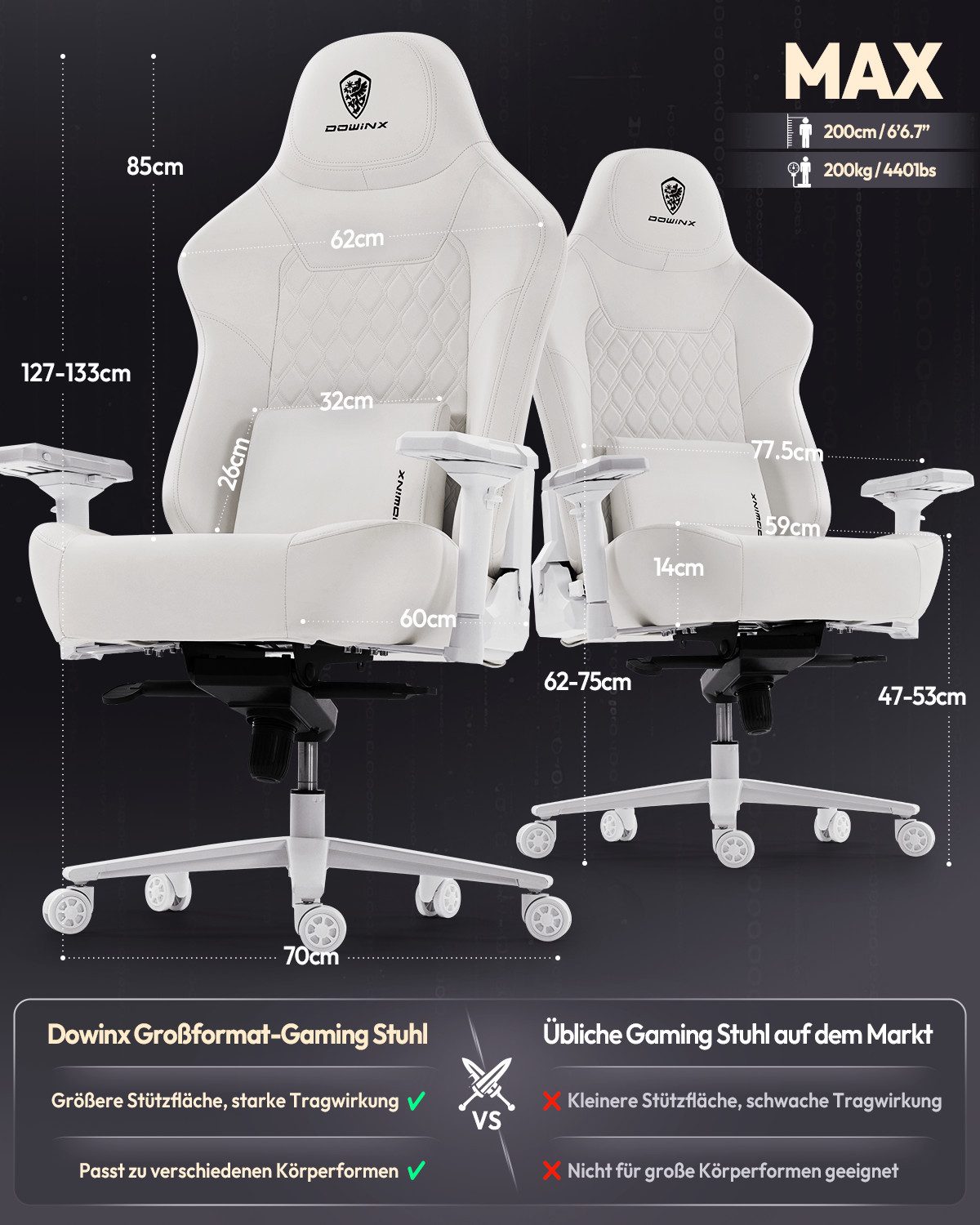 Dowinx Gaming-Stuhl Bürostuhl 200kg Belastbarkeit (Packung), Ergonomischer Chefstuhl, 4D Armlehnen, verstellbare Lendenstütze – Bild 4 von 5