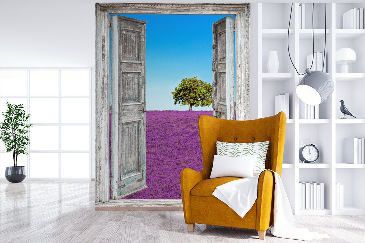 Wandtapete - St), bedruckt, Vinyl Fototapete - Ansicht, Lavendel Matt, Blumen (4 für Wohnzimmer, Montagefertig MuchoWow Tapete
