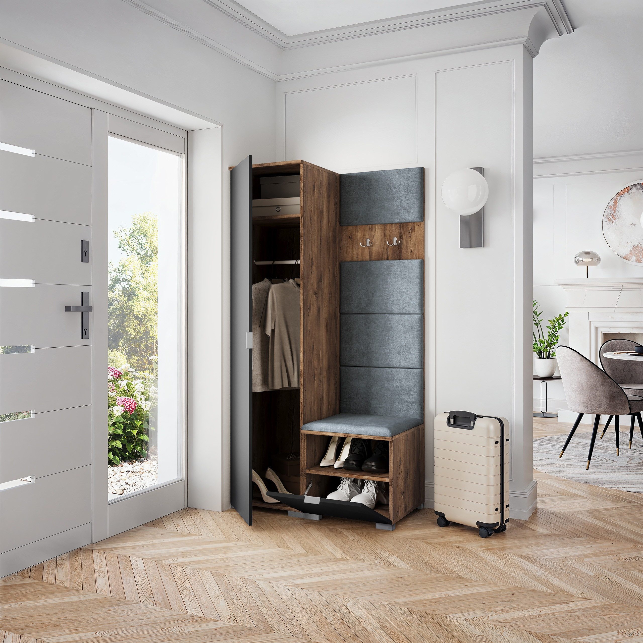 Masseno Garderobenschrank LORI 95 x 181 cm Garderoben-Set mit 1 Tür Eiche Lefkas