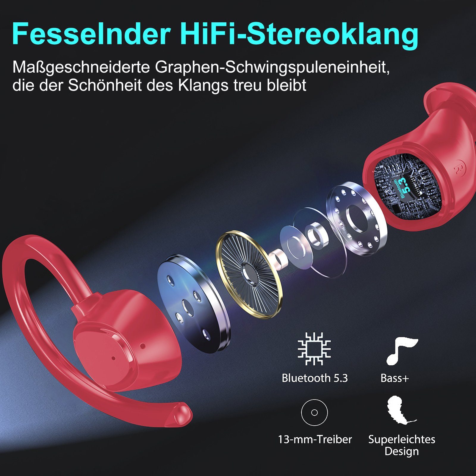 Rosa Sportkopfhörer,IP7 One Earbuds Step Bluetooth Pairing, Immersive Digital (24H 5.3 Bass, mit LED HD In-Ear-Kopfhörer Wasserdicht ENC Anruf Display, 13-mm-Schwingspule) Yuede