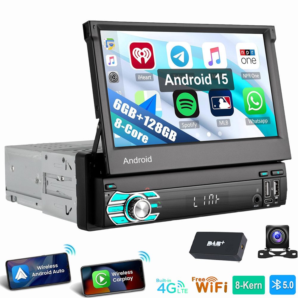 ESSGOO 8Kern Android 15 CarPlay 7" Autoradio GPS Single 1DIN 4G+WiFi 6+128G Autoradio (Digitalradio (DAB), RDS, FM, AM, 8-Kern Carplay Android Auto GPS Navi WIFI BT)