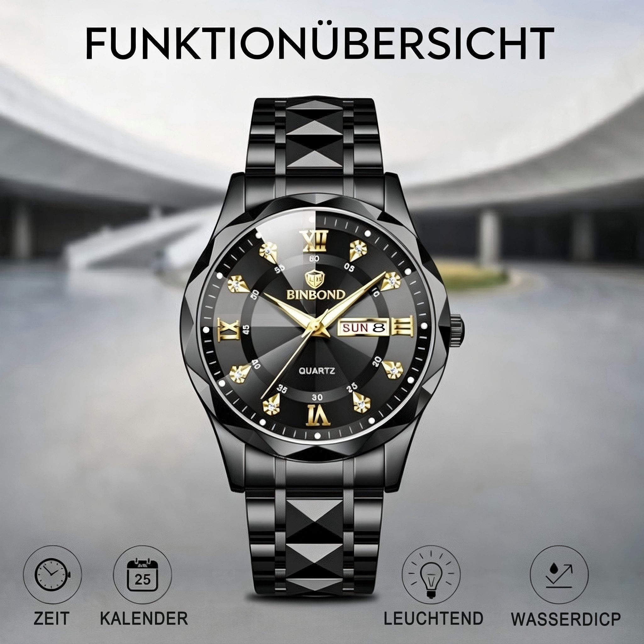 Fyrove Quarzuhr Herrenuhr 43 mm mit Edelstahlarmband, (Multifunktionsuhr mit Datum & Wochentag, Leuchtzeigern), Mineralglas, 3 ATM, analog, Business Armbanduhr