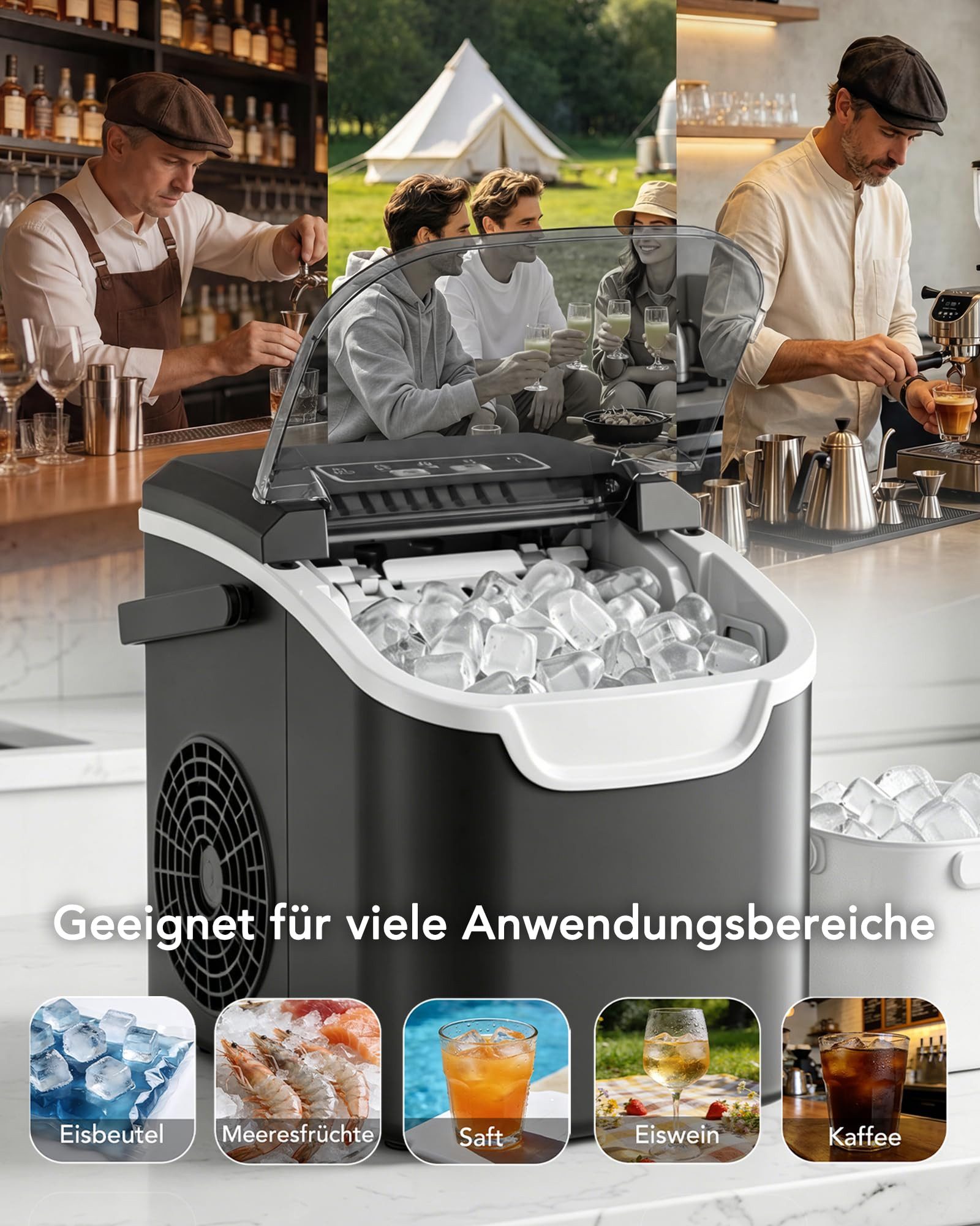 Kismile Eiswürfelmaschine für die Arbeitsplatte, 8 Eiswürfel in 6 Minuten, 11,8 kg/24 Stunden, hocheffizienter, tragbarer Eiswürfelbereiter mit Tragegriff – Bild 4 von 5