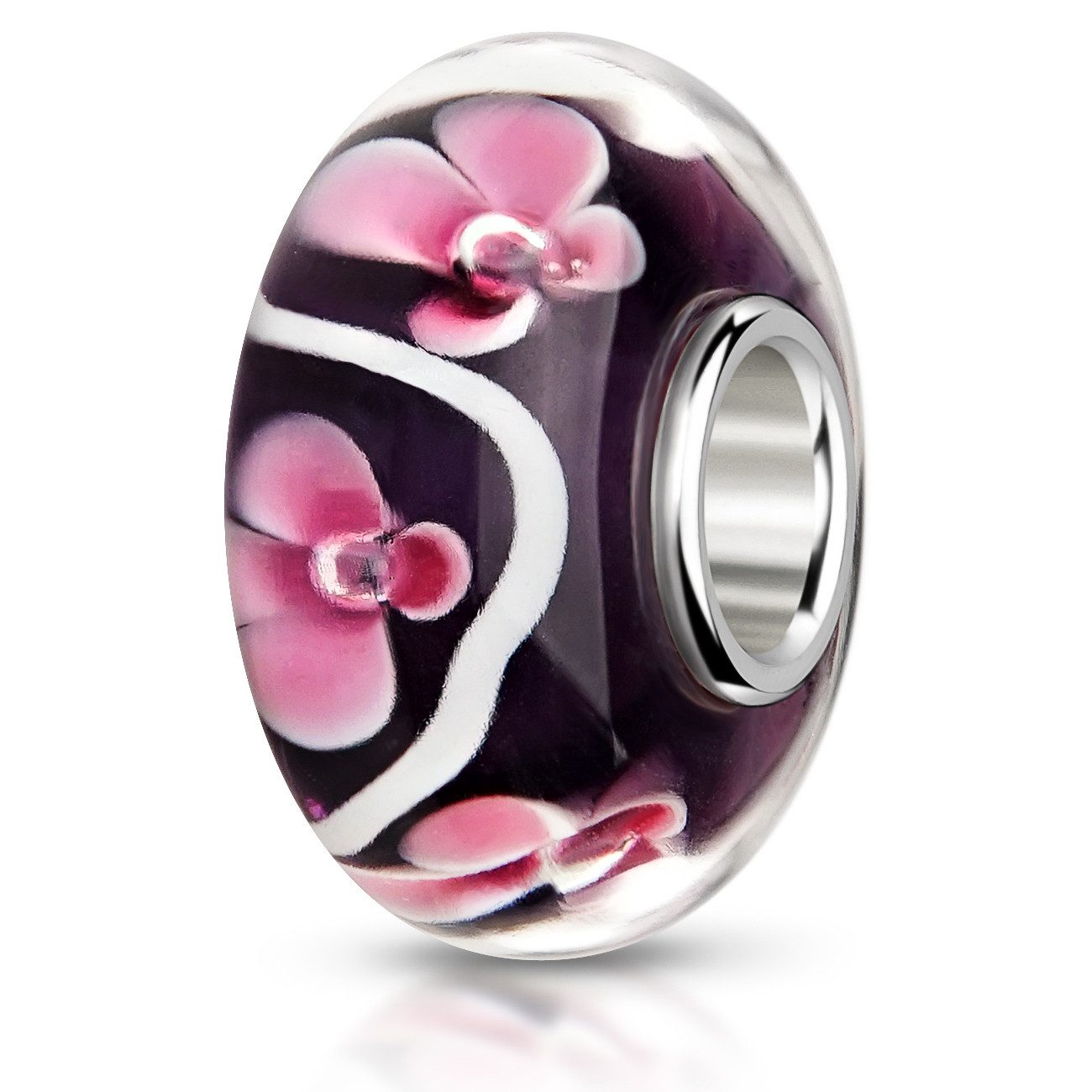 Materia Bead Glasperle Blüten / Blumen Rosa Violett 1036, Hülse aus 925 Sterling Silber